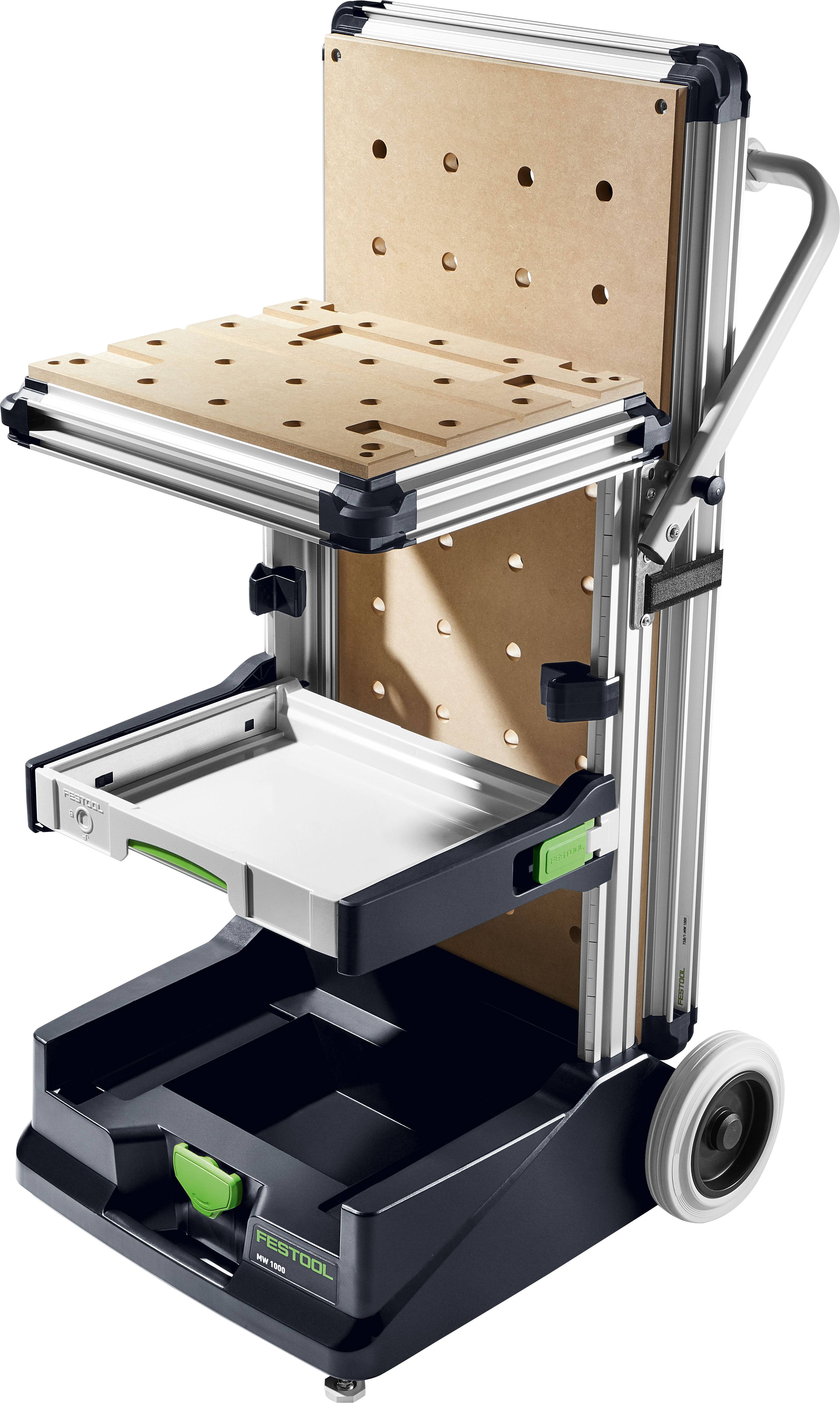 Transportbarer Werkstattwagen mit robusten Rollen, verstellbaren Regalen und einer perforierten Arbeitsfläche zur Werkzeugorganisation und Mobilität.