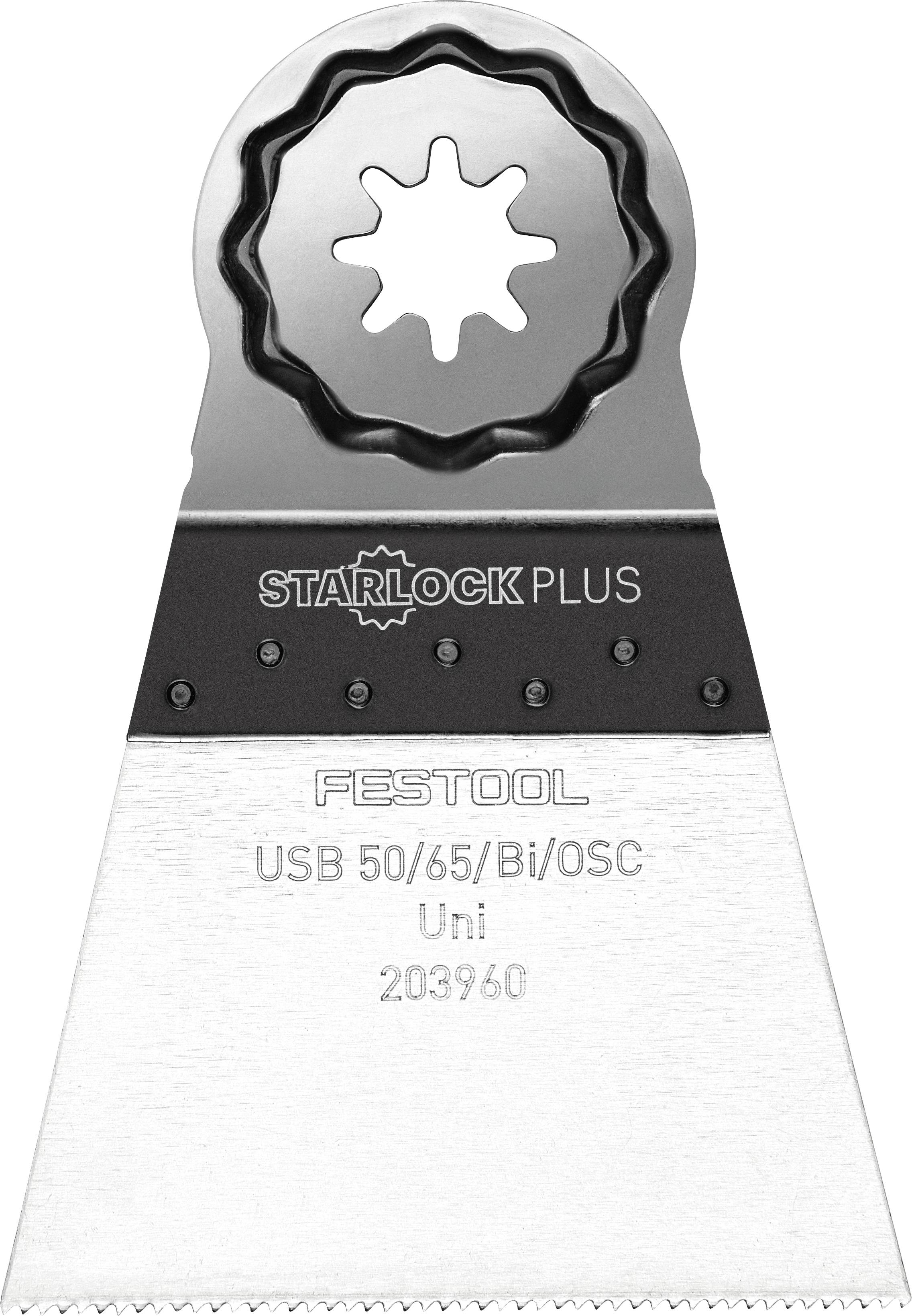 Festool Starlock Plus Sägeblatt, Modell USB 50/65/Bi/OSC, Uni 203960, mit gezahntem Rand und sternförmiger Befestigung.