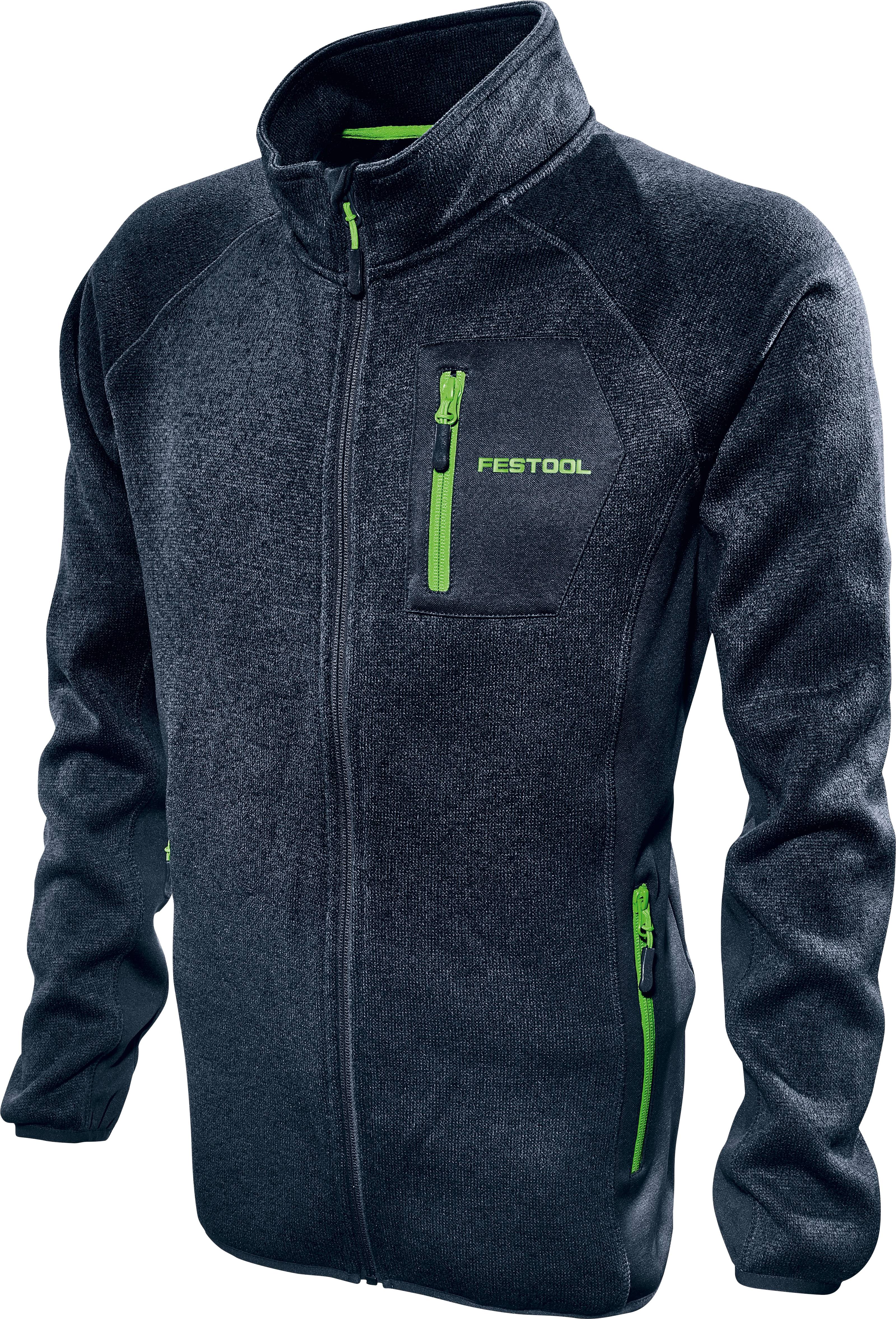 Eine dunkelgraue Fleecejacke mit hohem Kragen und grünen Reißverschluss-Akzenten, mit 