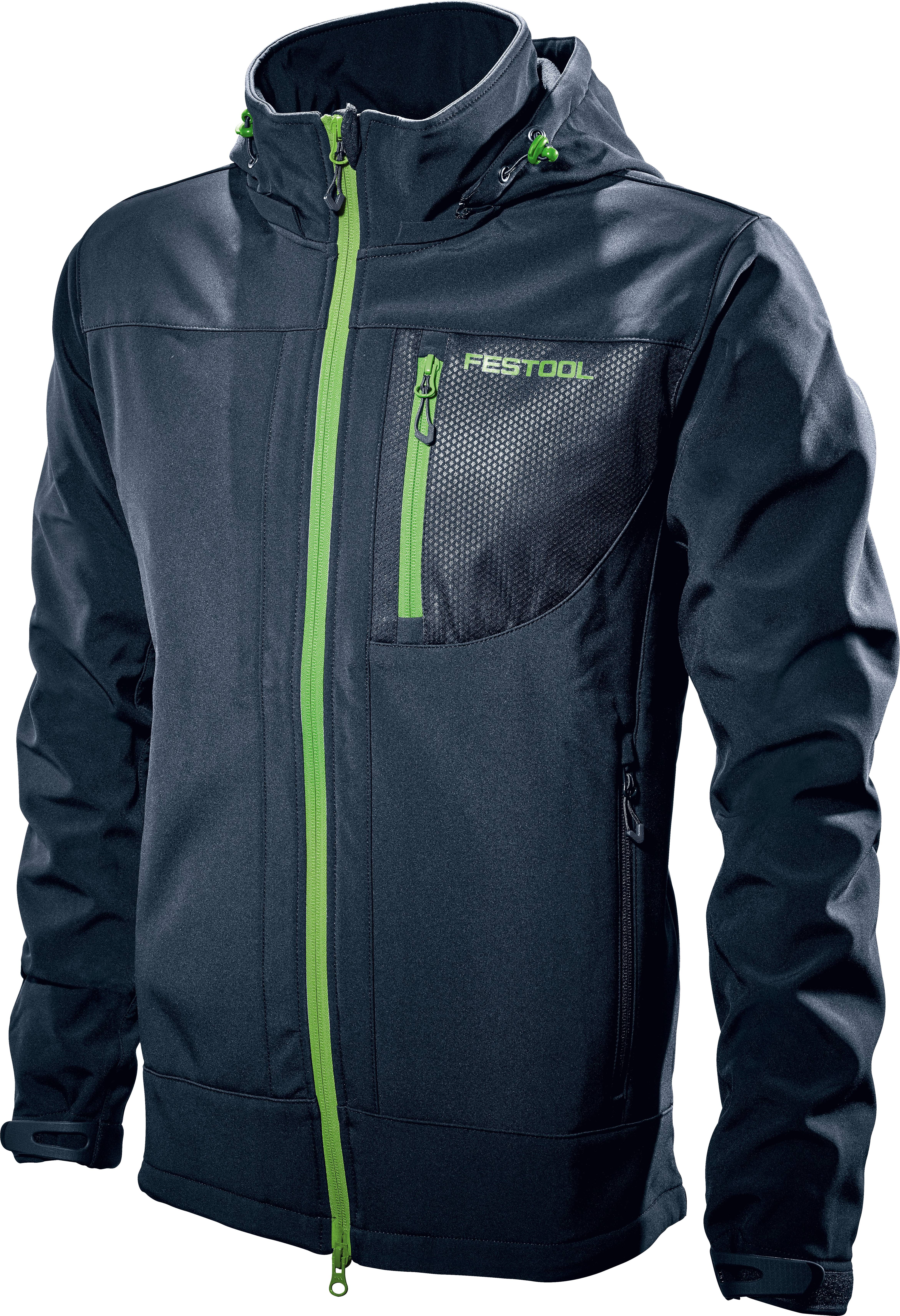 Eine dunkle Jacke mit grünen Reißverschlüssen und Besätzen, mit dem Wort „Festool