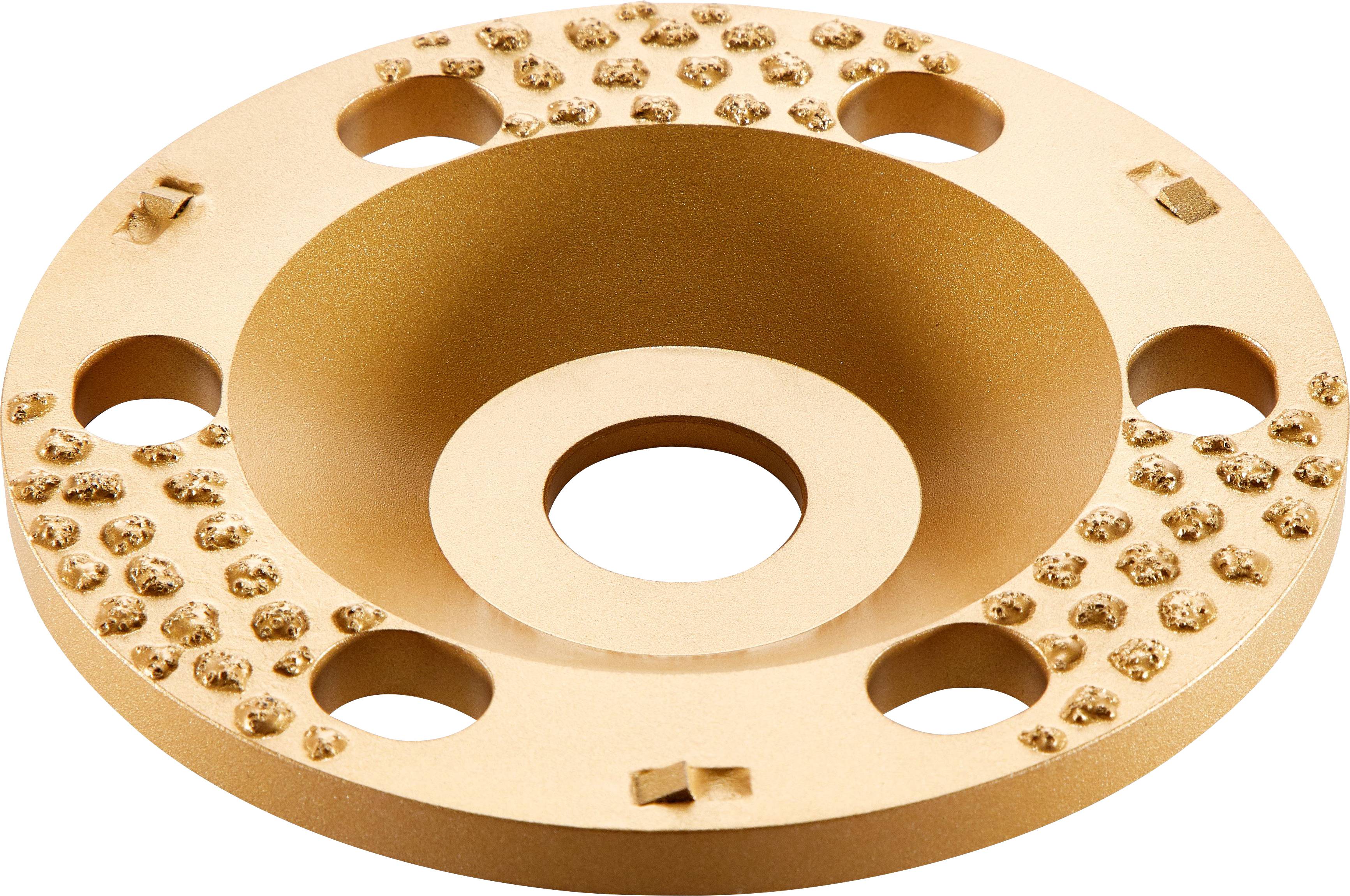 Ein rundes, goldfarbenes Schleifrad mit Diamantschleifbelägen, das zum Glätten von Oberflächen verwendet wird.