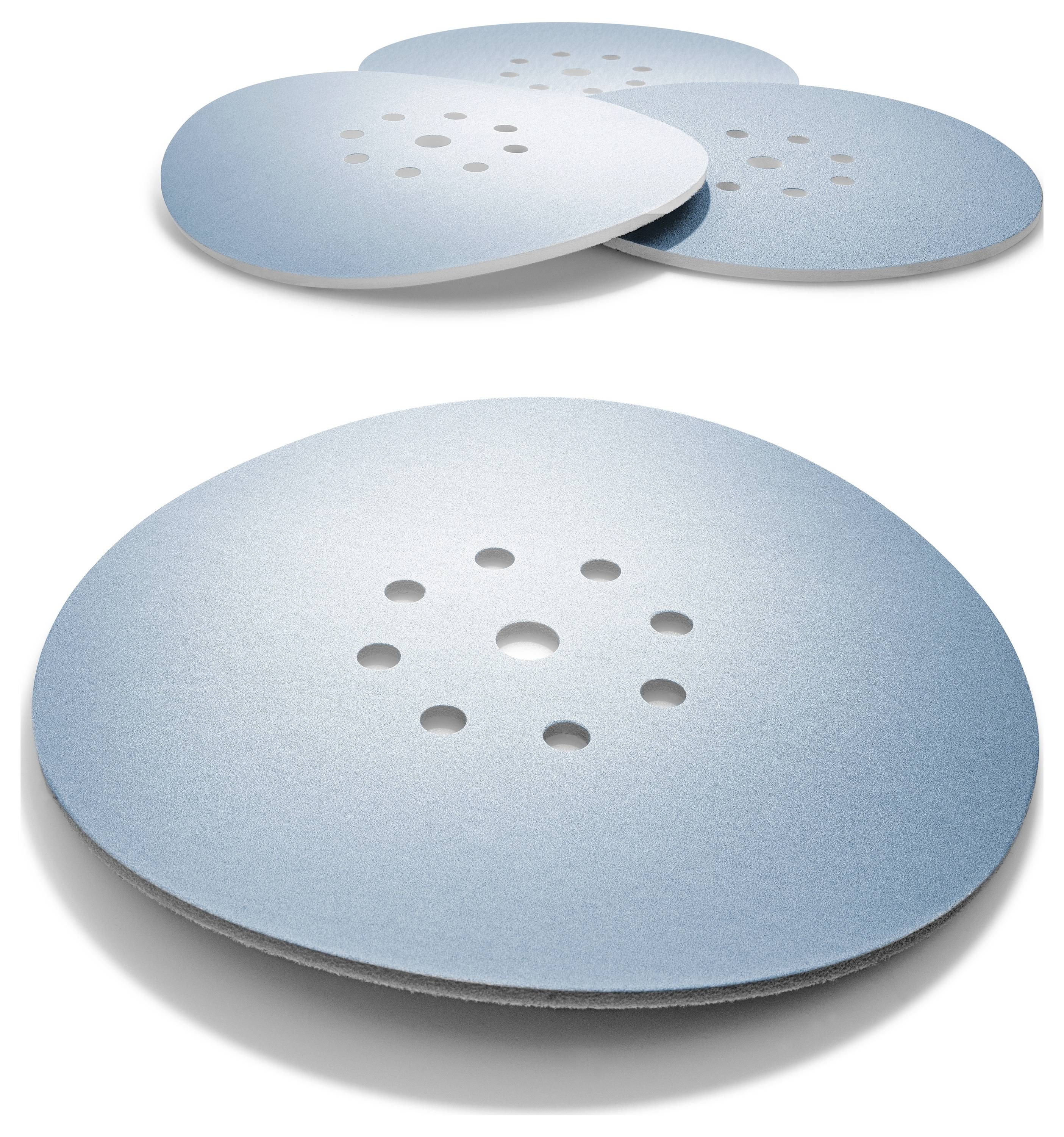 Runde Schleifscheiben mit blauem Farbverlauf, mit Perforationen in der Mitte zur Befestigung und Staubabsaugung.
