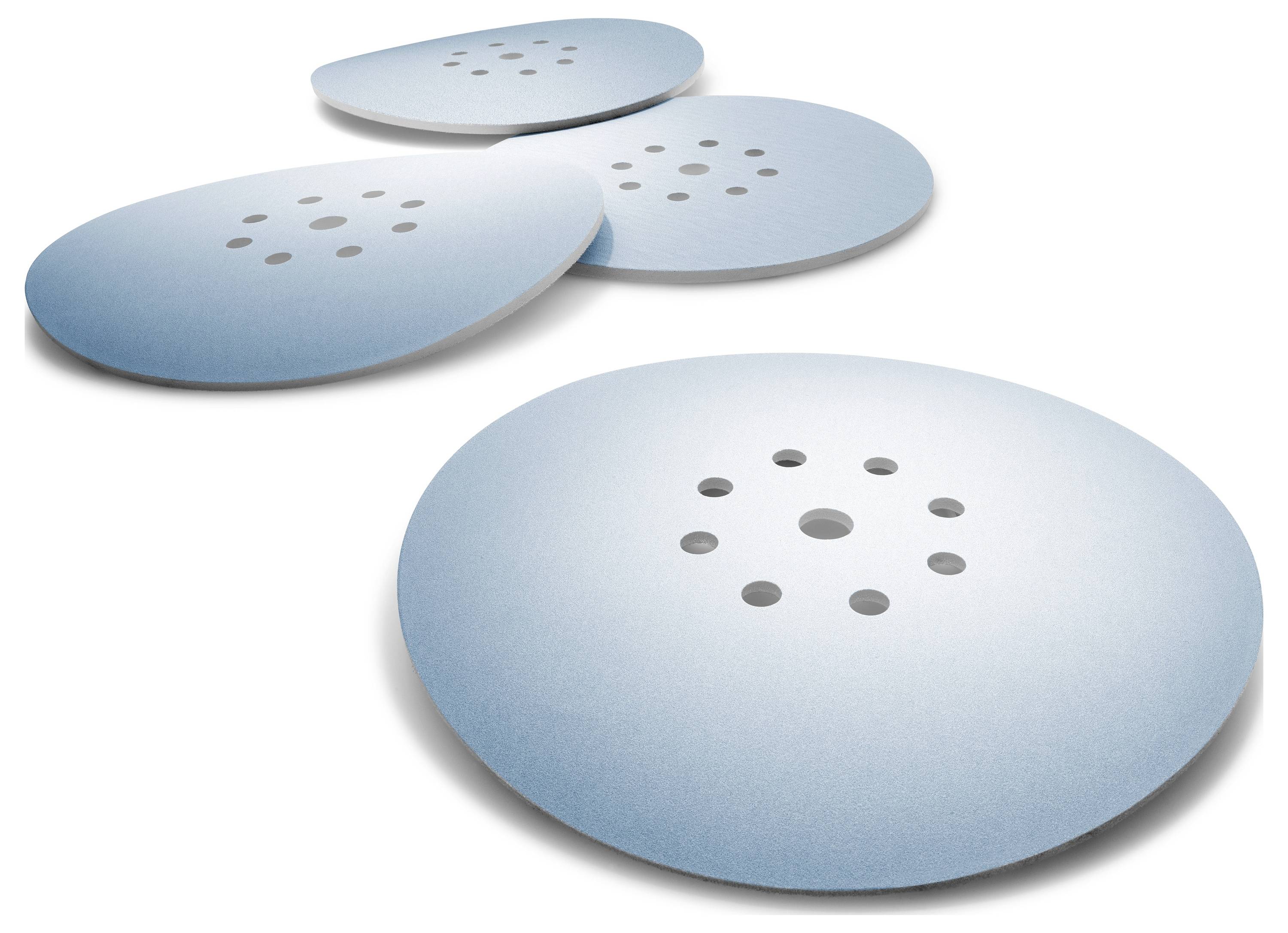 Kreisförmige Schleifpads mit Löchern, in Blau und Weiß schattiert, zum Schleifen von Oberflächen verwendet. Vier Pads sind in gestaffelter Anordnung angeordnet.