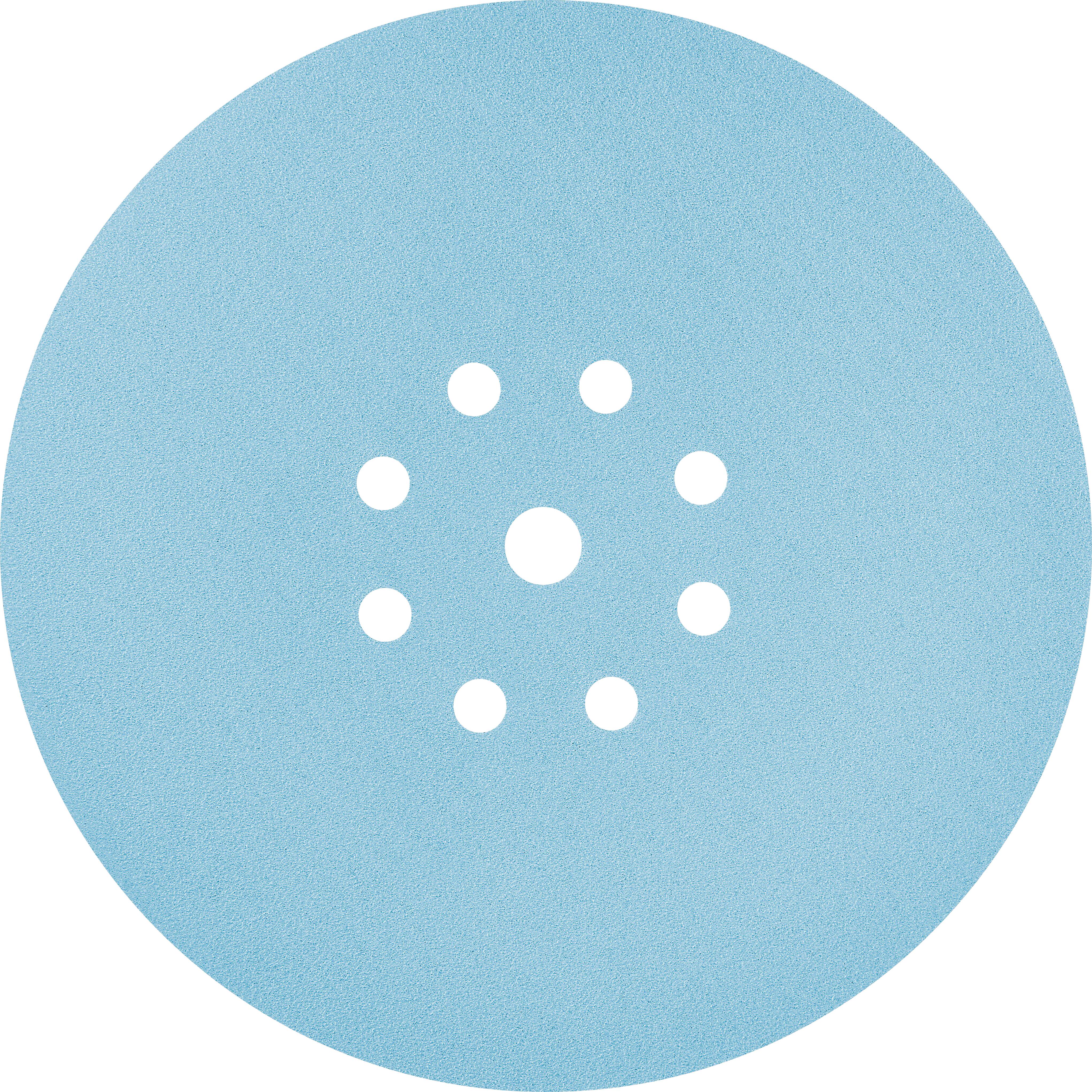 Eine runde blaue Schleifscheibe mit mehreren Löchern, die in einem kreisförmigen Muster angeordnet sind, zur Verwendung bei Schliff- oder Schleifanwendungen.