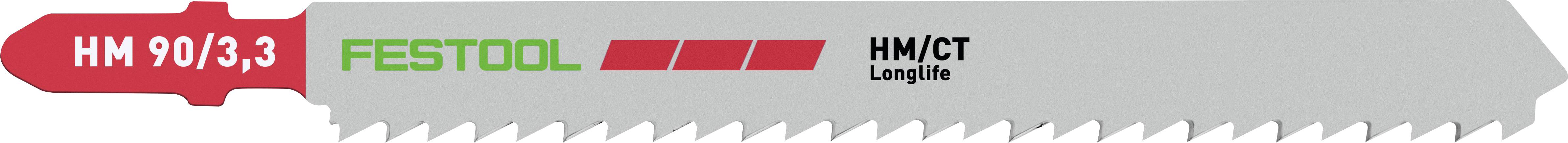 'FESTOOL HM 90/3.3' Stichsägeblatt mit roter Basis, grünem und schwarzem Text, grauer gezahnter Schneidkante, für Sägen entwickelt, Langzeitmodell.