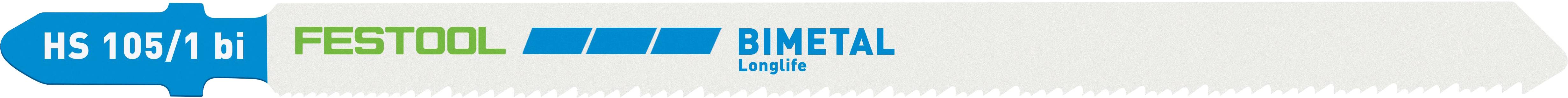 Eine blau-weiße Bimetall-Sägeblatt mit der Bezeichnung HS 105/1.4 Zoll, von Festool.