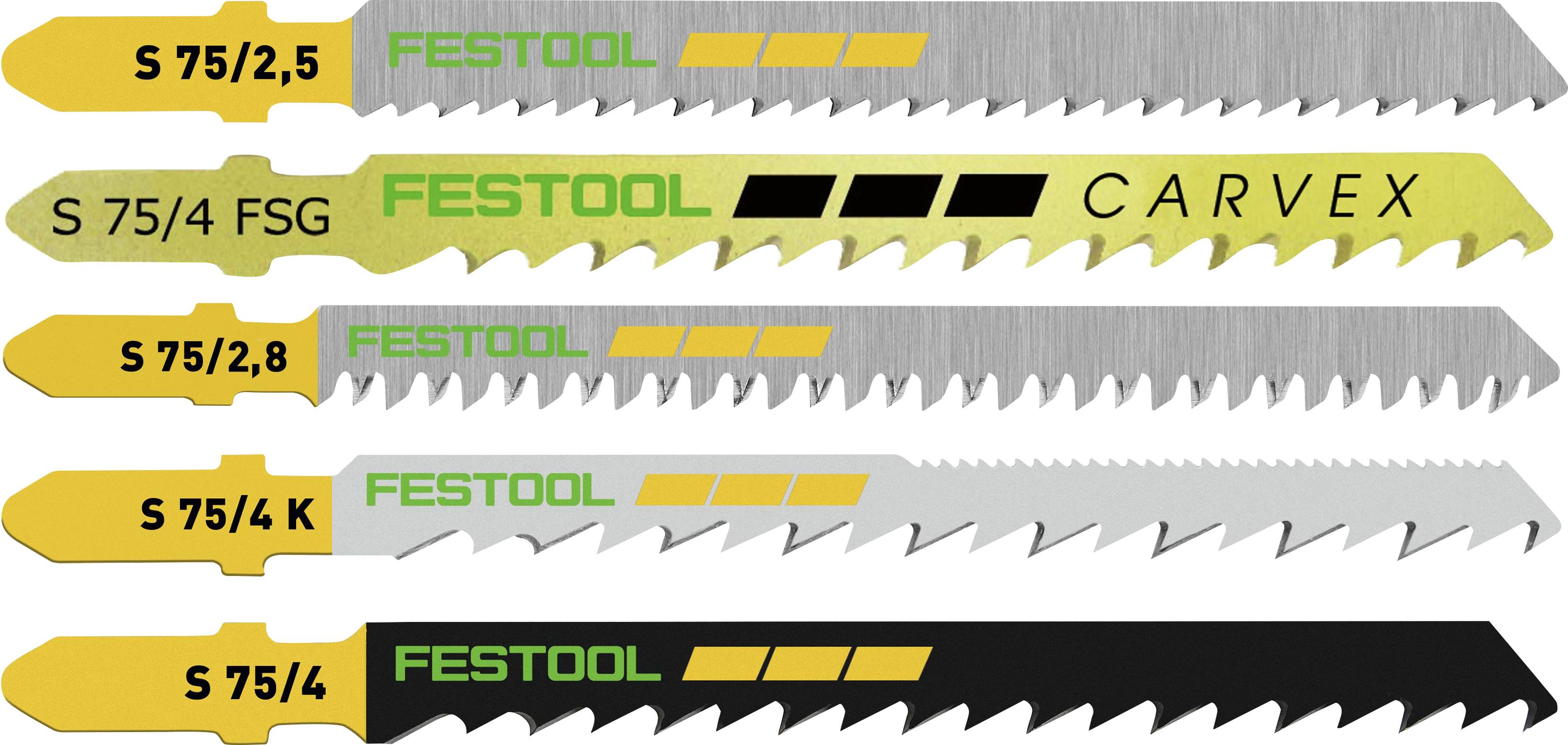 Festool Stichsägeblätter in verschiedenen Ausführungen mit den Bezeichnungen S 75/2,5, S 75/4 FSG, S 75/2,8, S 75/4 K, S 75/4, mit unterschiedlichen Zahnmustern.