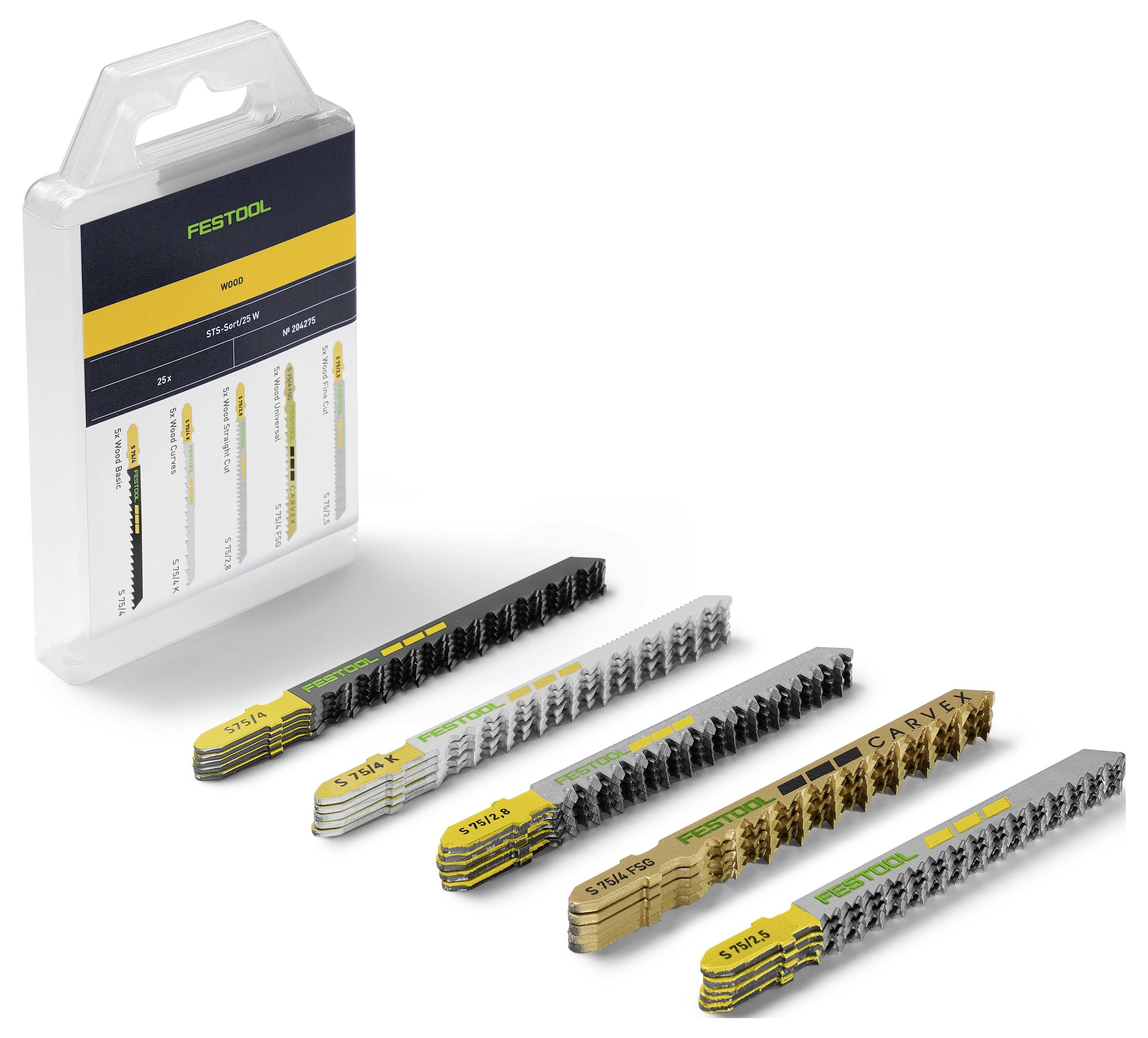 Ein Satz von Festool-Stichsägeblättern, dargestellt mit Verpackung, zeigt verschiedene Blattdesigns für unterschiedliche Materialien und Schnittanwendungen.