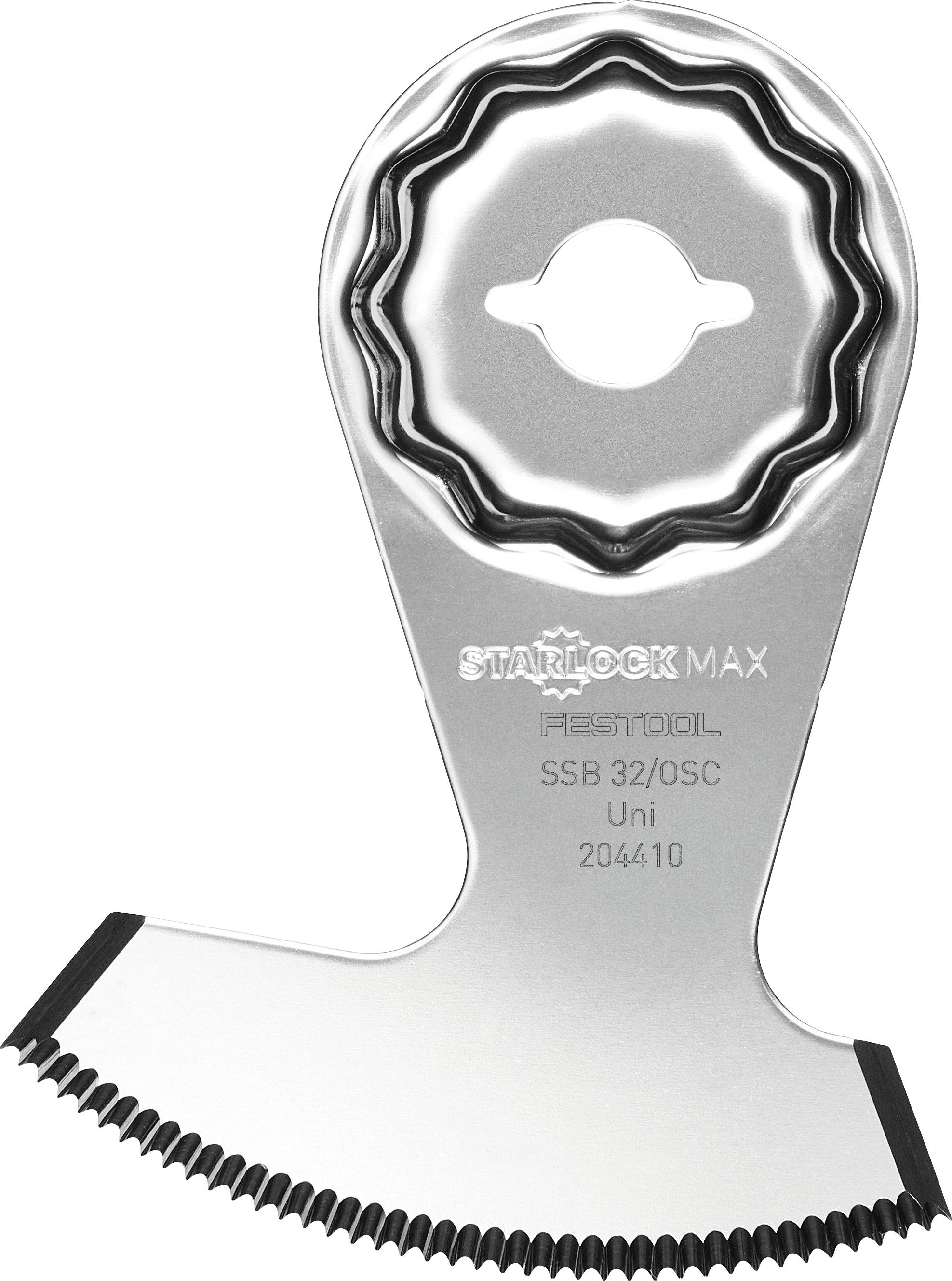 Ein metallisches, halbkreisförmiges oszillierendes Sägeblatt mit gezahnten Kanten, gekennzeichnet mit „Starlock Max