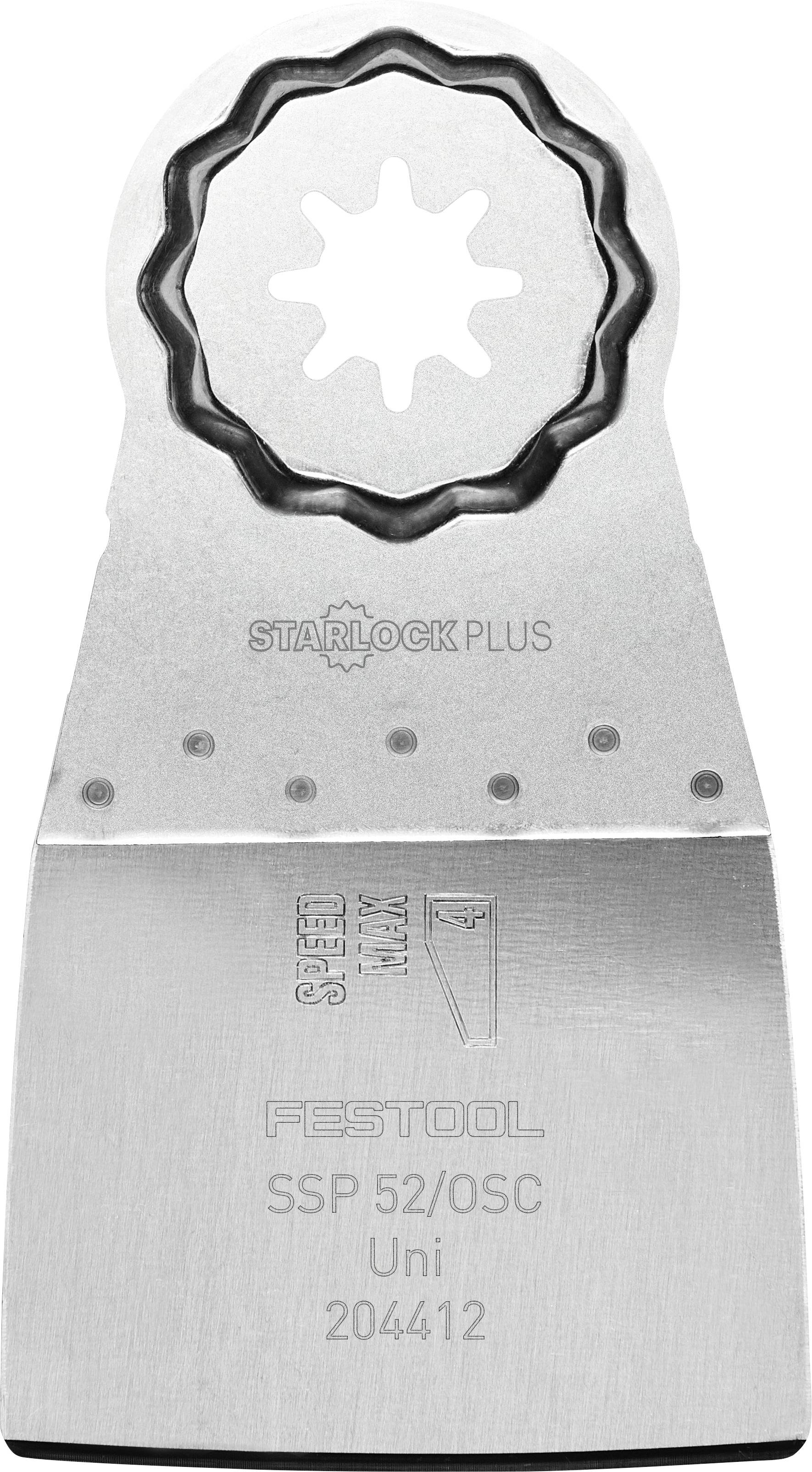 Eine metallische Festool Starlock Plus SSP 52/OSC-Klinge mit Wellenschliff und Kreishalterung, gekennzeichnet mit Produktinformationen und Code „204412