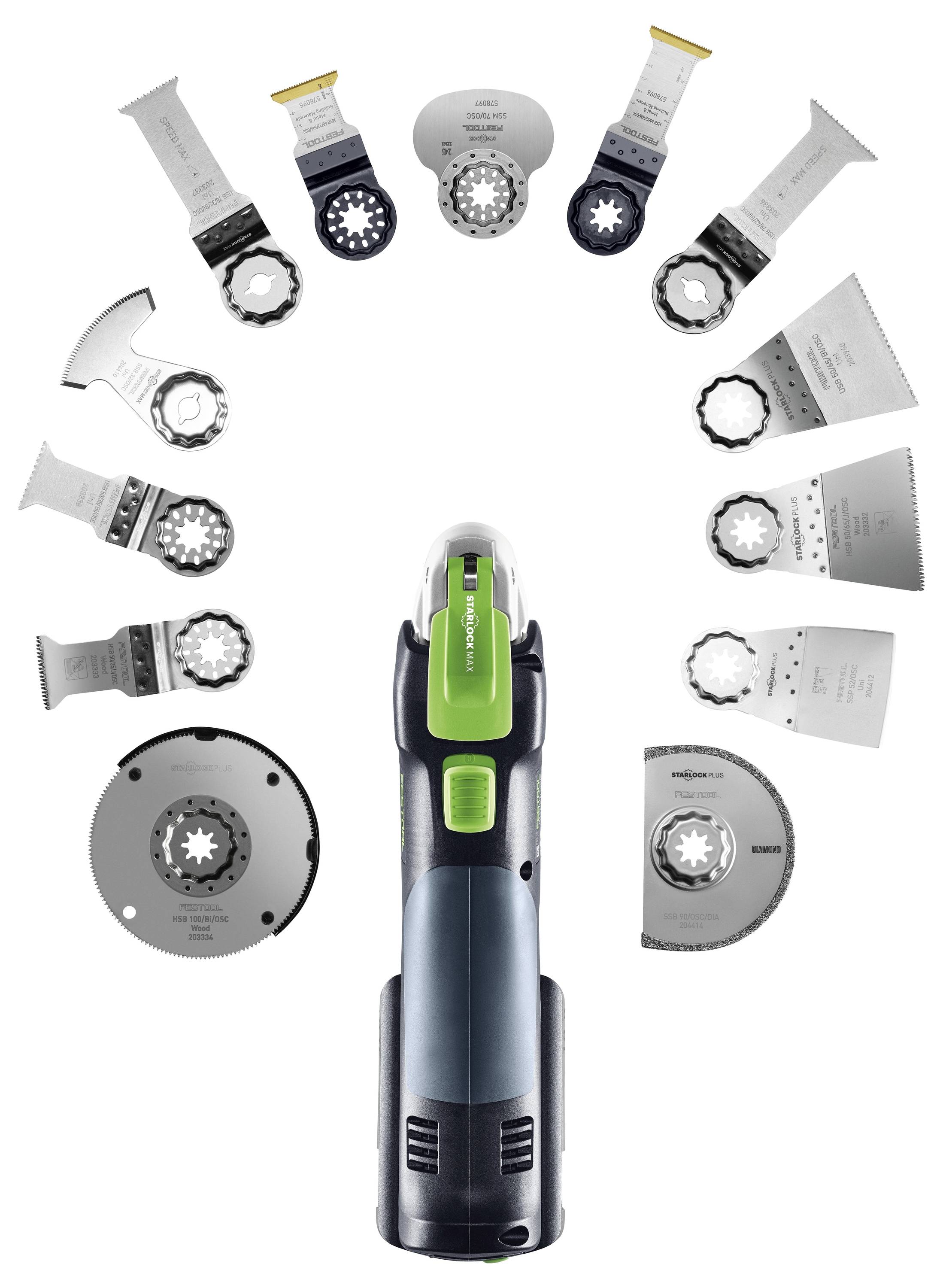 Ein Multitool mit verschiedenen austauschbaren Klingen und Zubehör, die in einem Halbkreis darum angeordnet sind und seine Vielseitigkeit in der Anwendung zeigen.