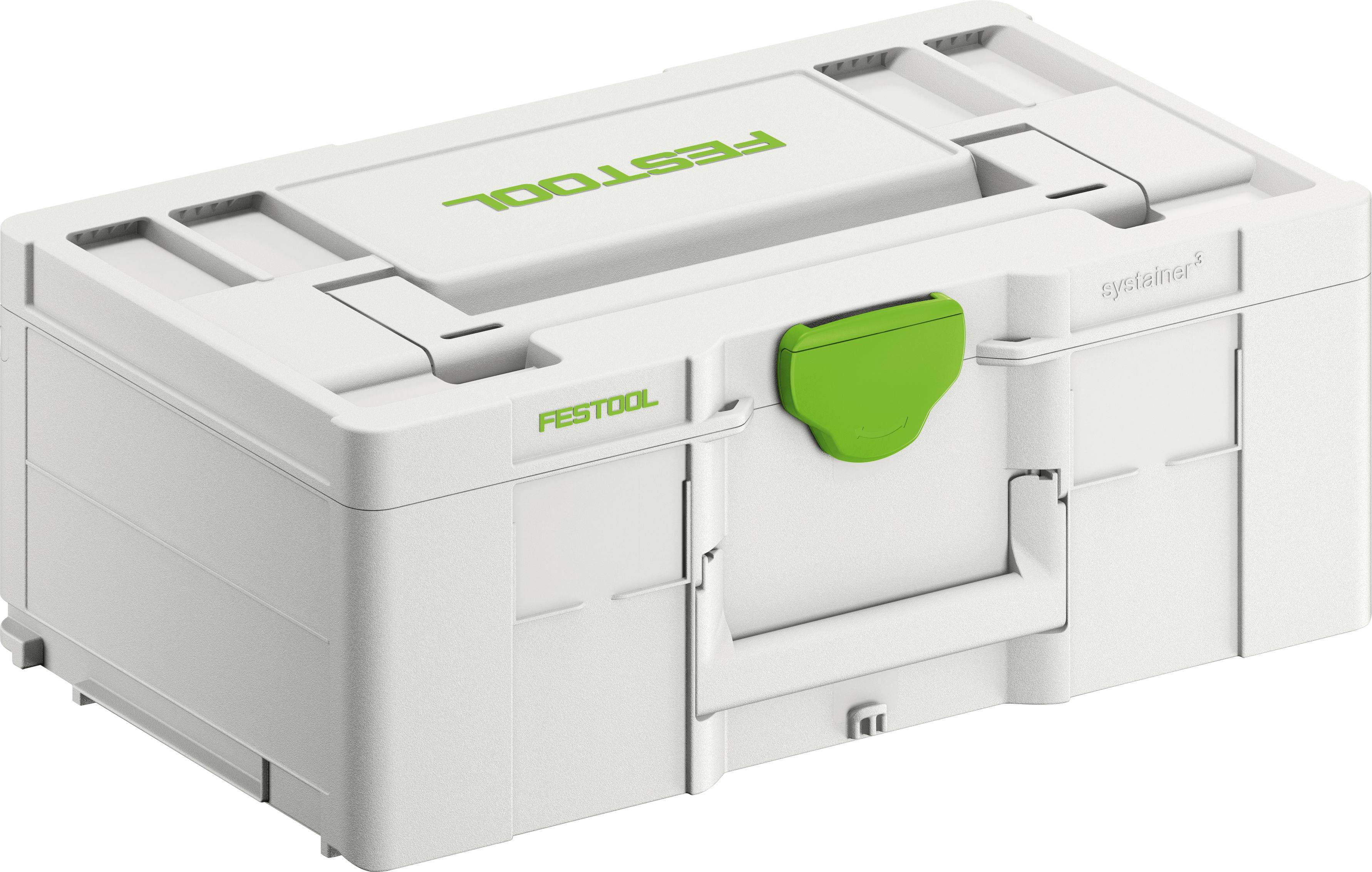 Ein weißer und grüner Festool Systainer Lagerbehälter mit Griff und sicheren Verschlüssen, der zum Organisieren und Transportieren von Werkzeugen verwendet wird.