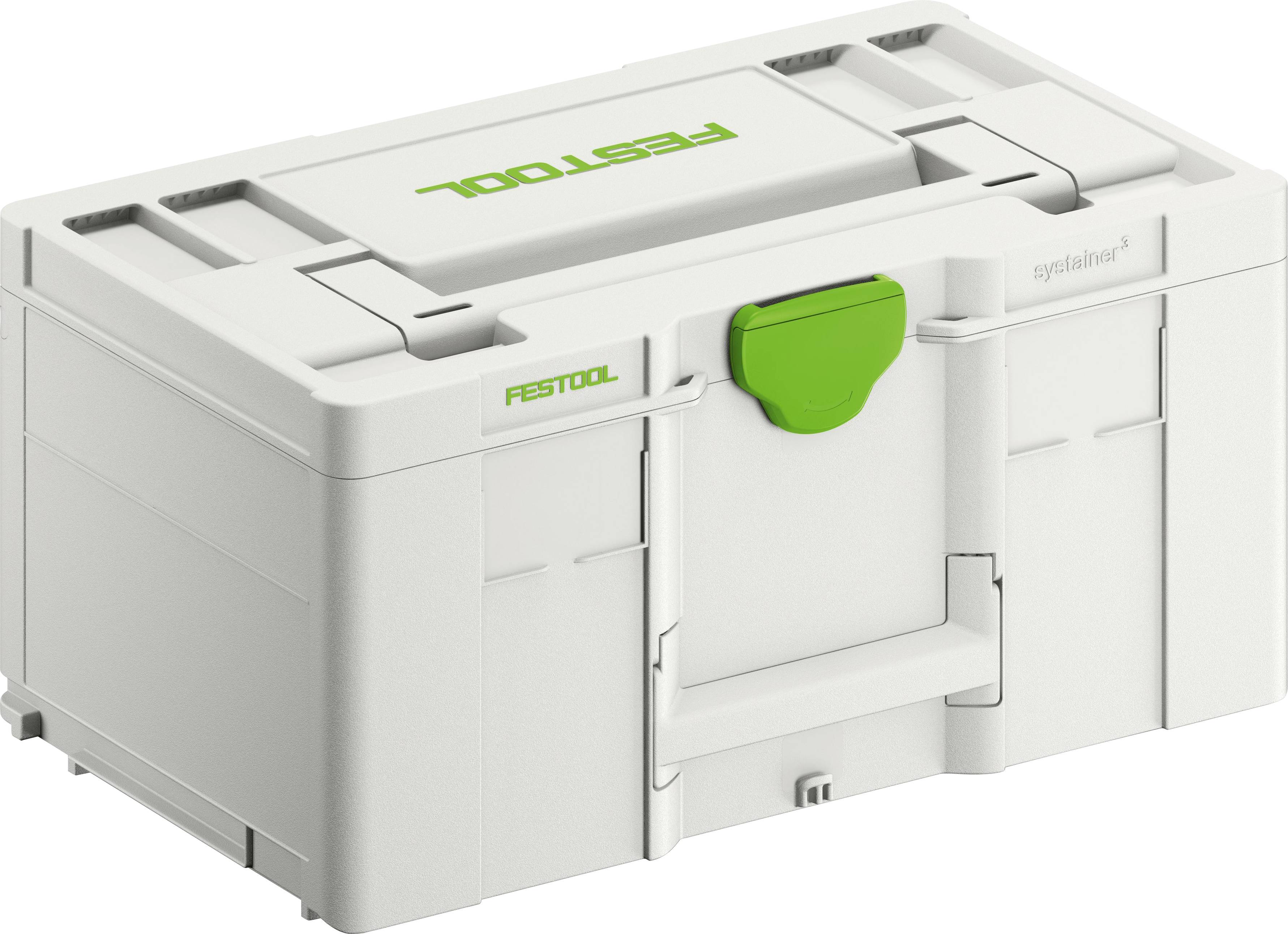 Modular Lagerbehälter der Marke 'Festool' mit grünem Verschluss, konzipiert zum Organisieren und Transportieren von Werkzeugen.