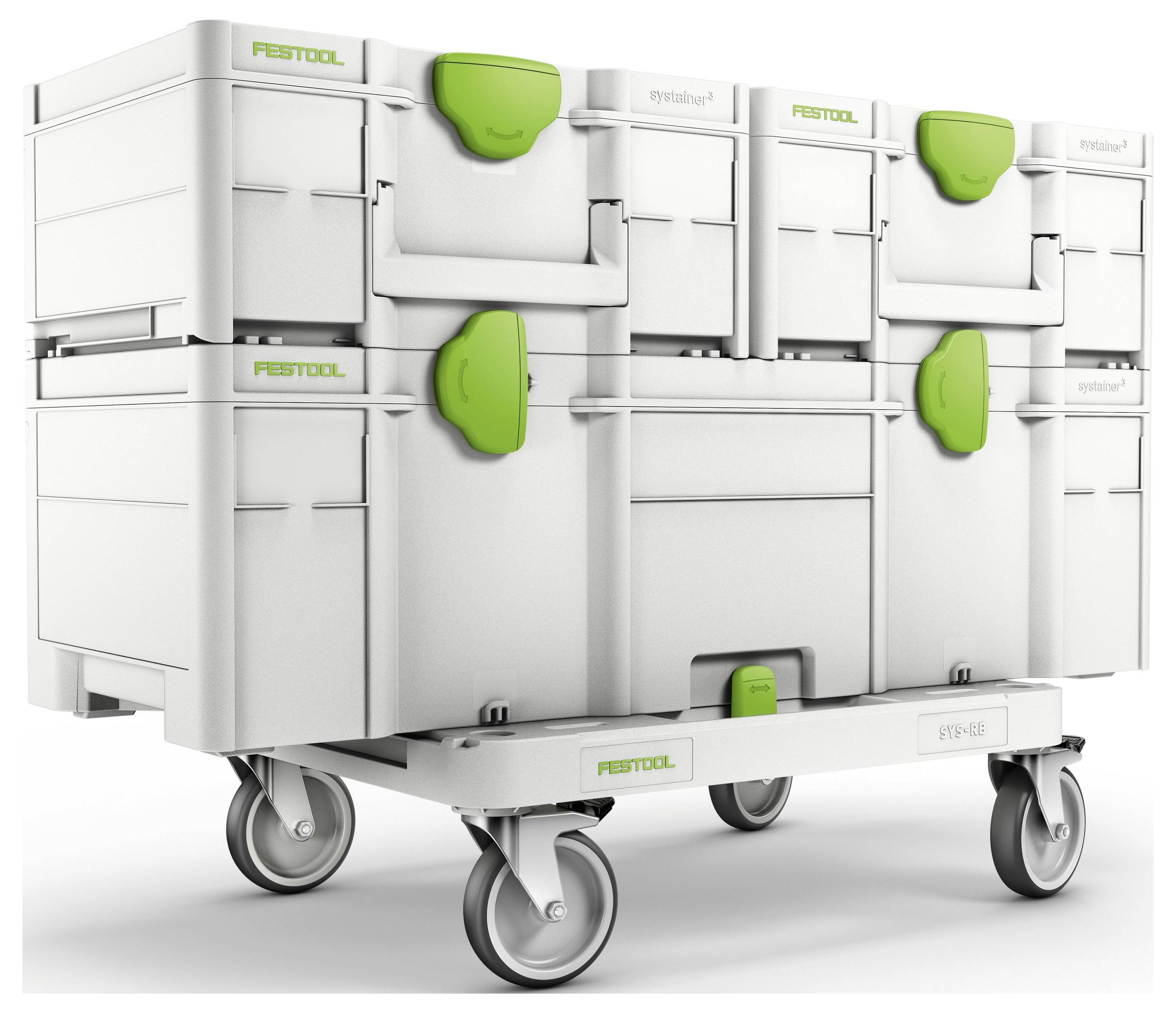 Ein Stapel von weiß-grünen Werkzeugkastenbehältern auf einem fahrbaren Wagen, konzipiert für die Organisation und den einfachen Transport von Werkzeugen.