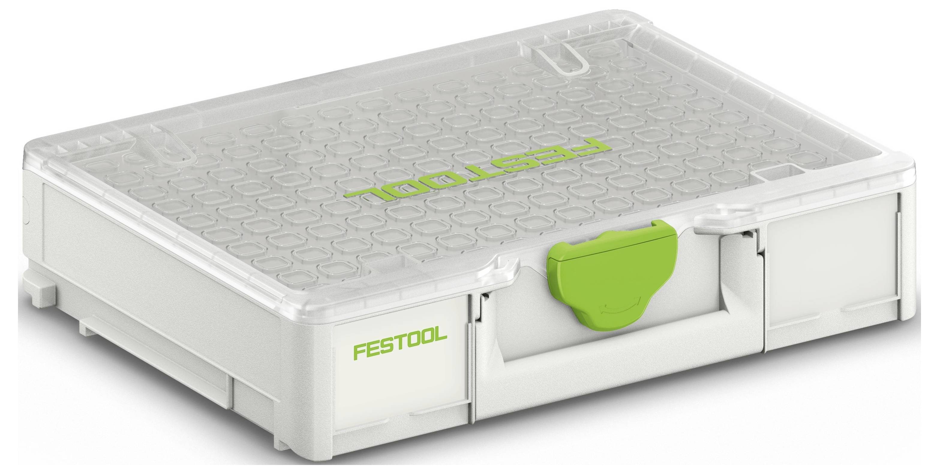 Eine weiße Kunststoffwerkzeugkiste mit transparentem Deckel und grünem Verschluss, mit dem Label „Festool