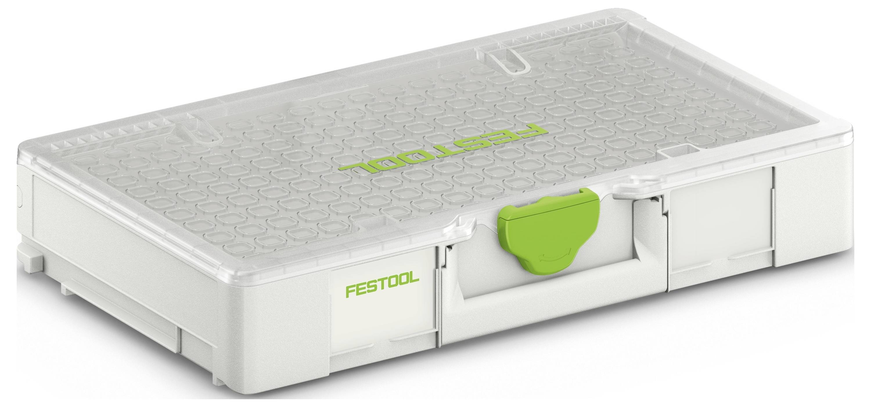 Ein weiß-grüner Festool-Lagerbehälter mit transparentem Deckel, konzipiert zum Organisieren und Schützen von Werkzeugen.
