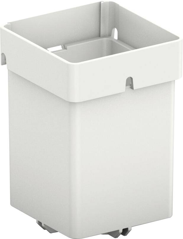 Ein quadratischer, weißer Kunststoffbehälter mit offener Oberseite und Kerben an den Seiten. Er hat ein einfaches Design und scheint zur Lagerung oder Organisation verwendet zu werden.
