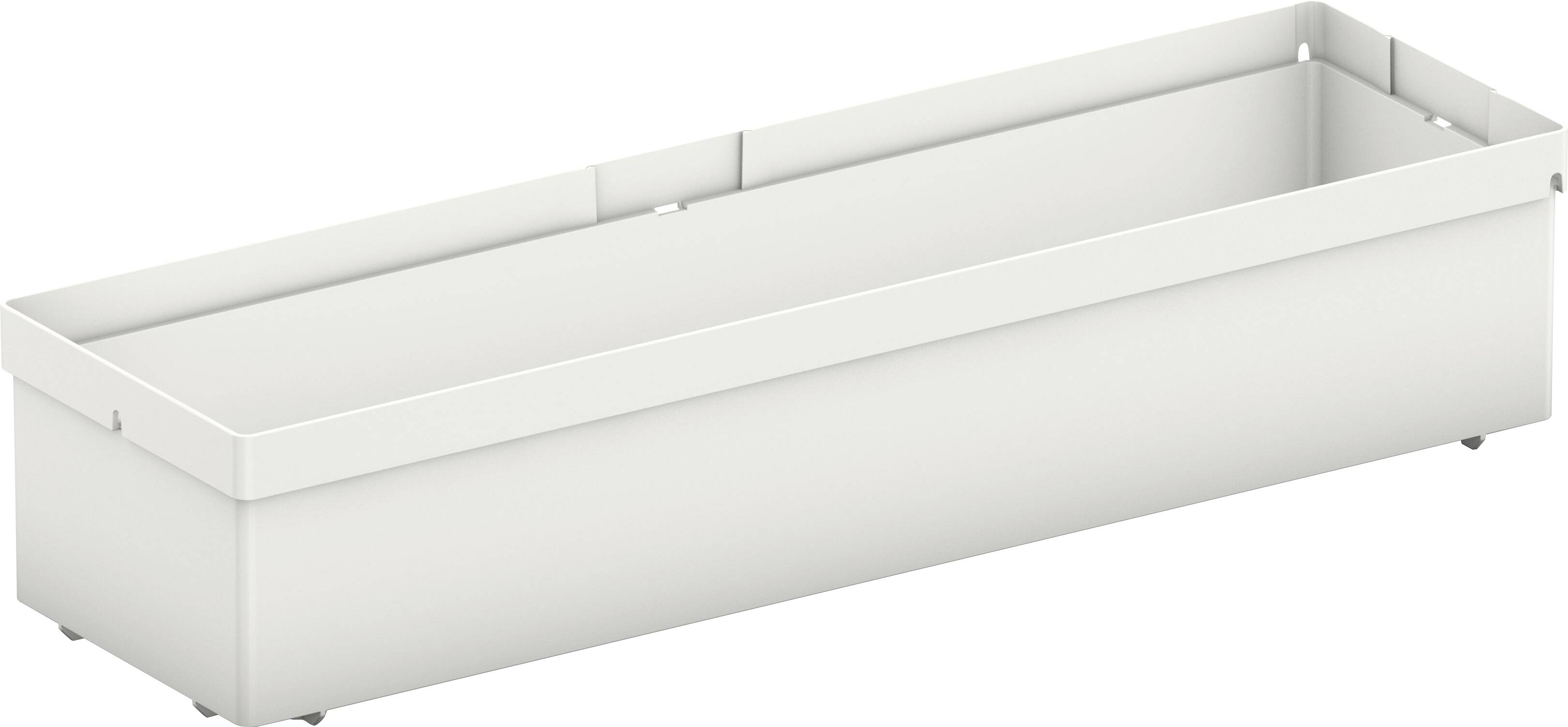 Ein weißer, rechteckiger Blumenkasten für den Innenbereich, mit einem einfachen, sauberen Design und einer glatten Oberfläche.