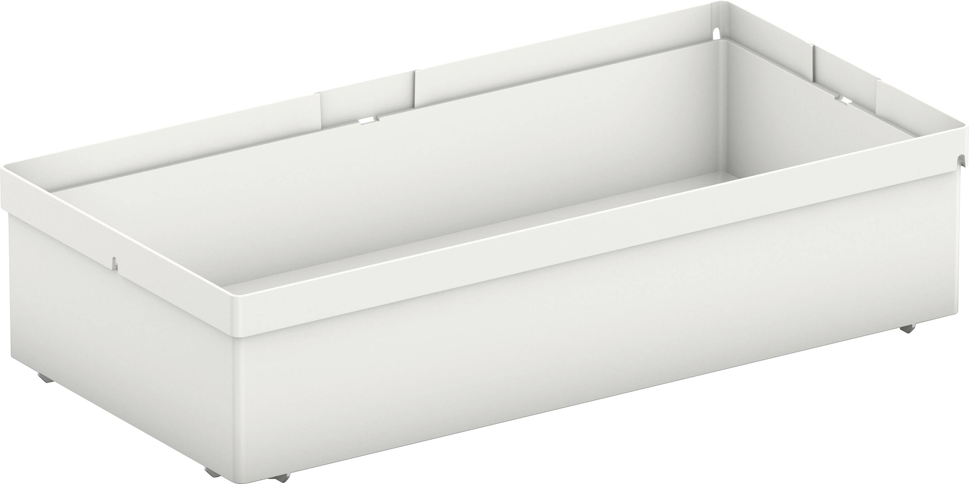 Eine weiße, rechteckige Aufbewahrungsbox mit einem einfachen, offenen Design, geeignet zum Organisieren von Gegenständen in einer minimalistischen Umgebung.