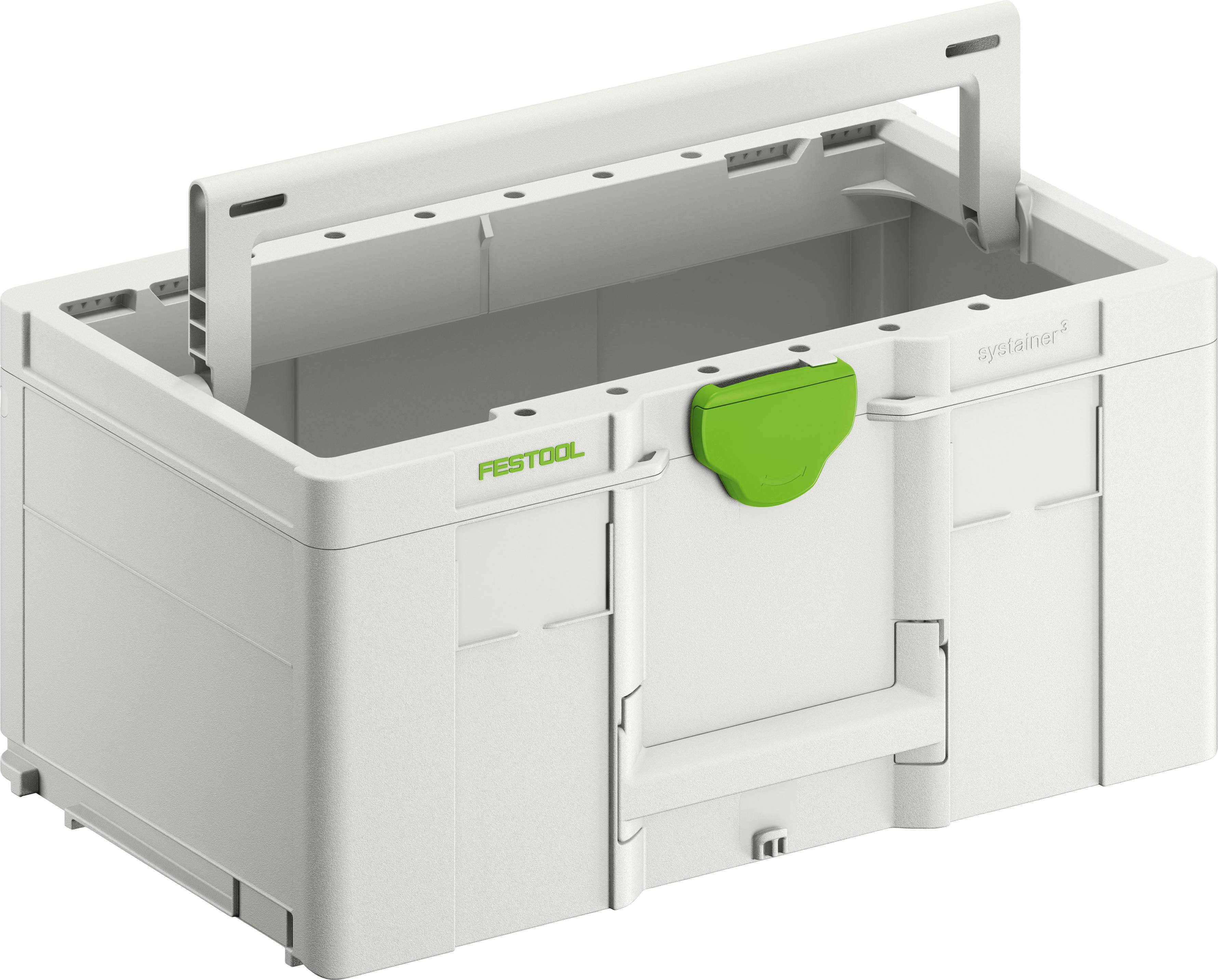 Eine weiß-grüne Festool-Werkzeugbox mit Griff und Frontverriegelung. Die Box ist offen und zeigt einen leeren Innenraum zur Lagerung.