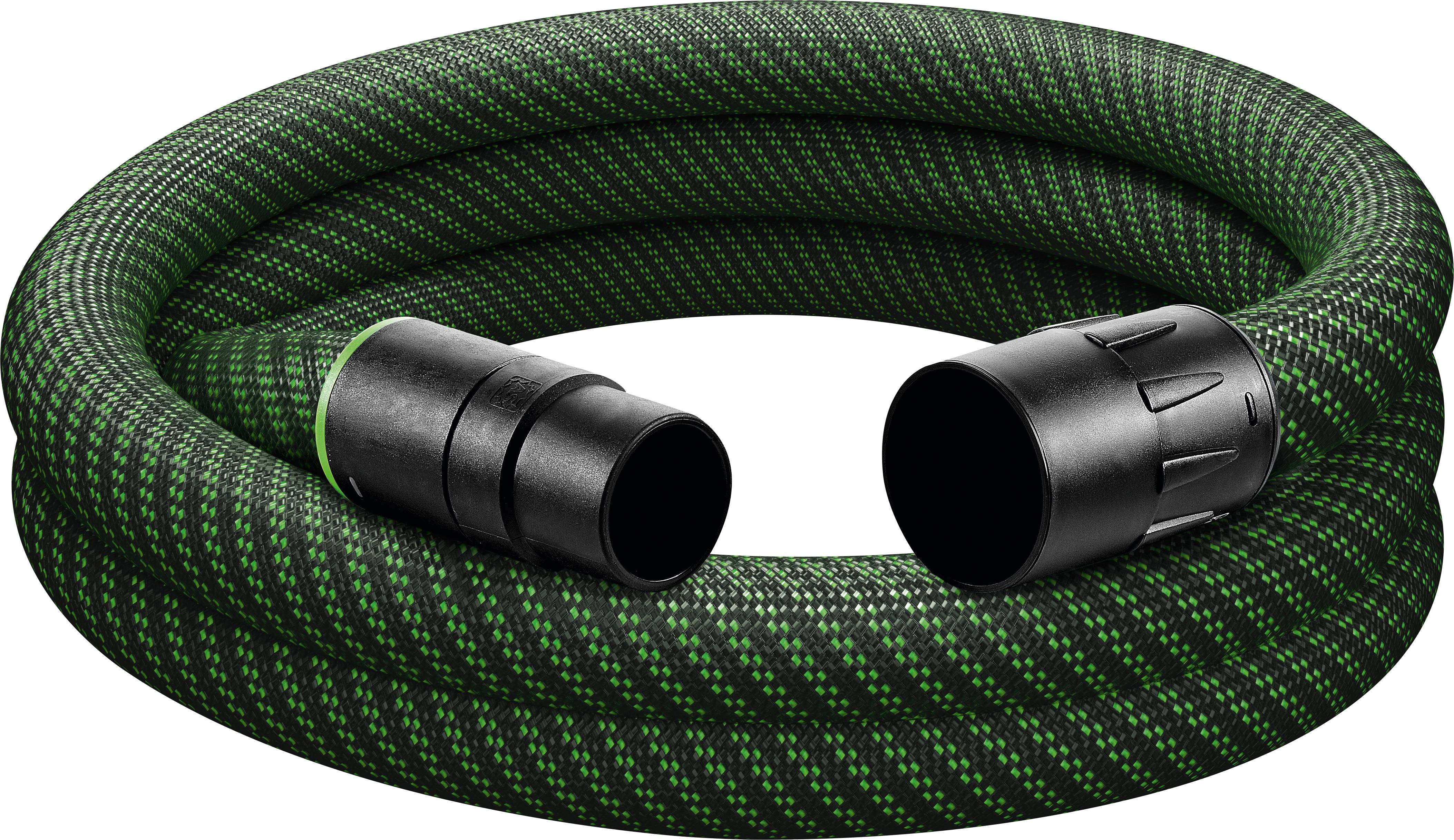 Ein aufgerollter grüner Gartenschlauch mit schwarzen Anschlüssen an jedem Ende, entwickelt für effizienten Wasserdurchfluss bei Gartenarbeiten oder Aufgaben im Freien.
