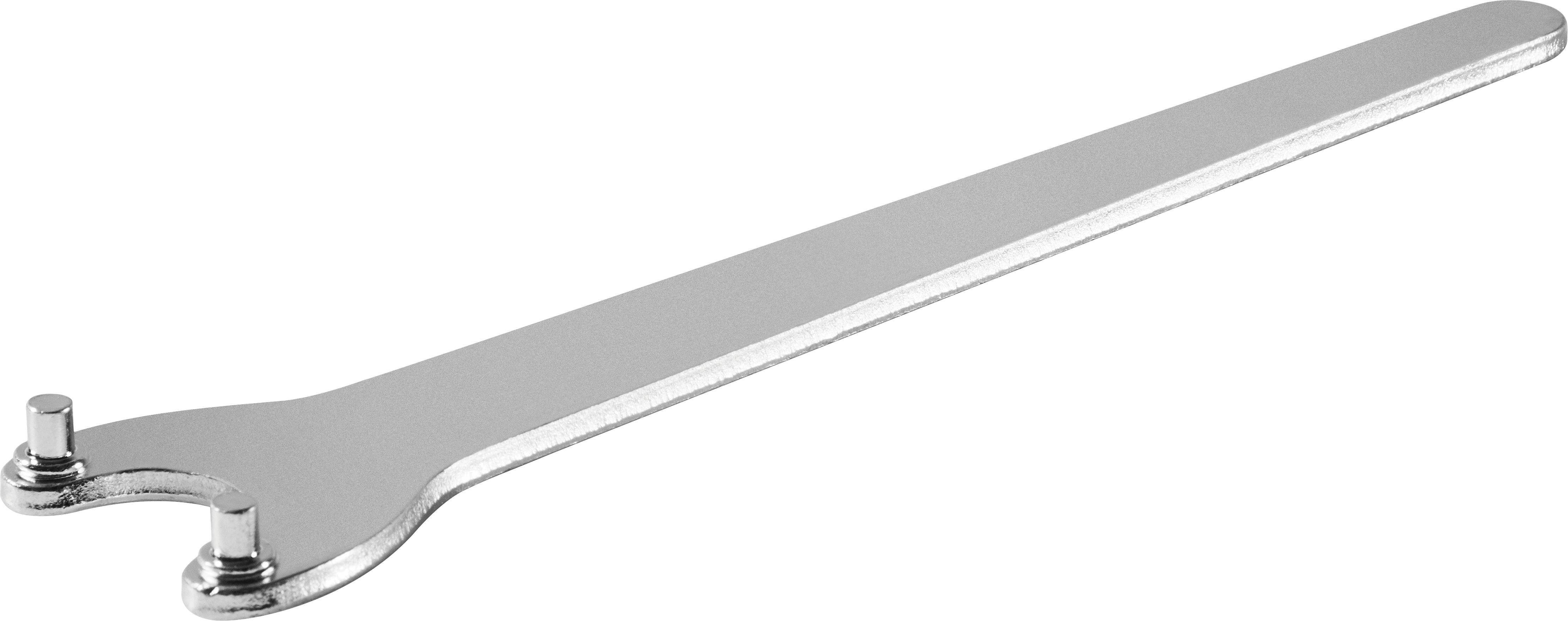 Ein grauer, flacher Metallschlüssel mit langem Griff und U-förmigem Kopf mit zwei kleinen vorstehenden Stiften auf jeder Seite.