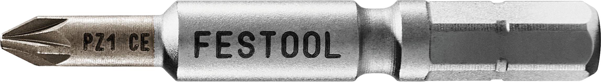 Eine Nahaufnahme eines Festool PZ1 CE Schrauberdrehbits, das seine Metallstruktur und das Branding zeigt.