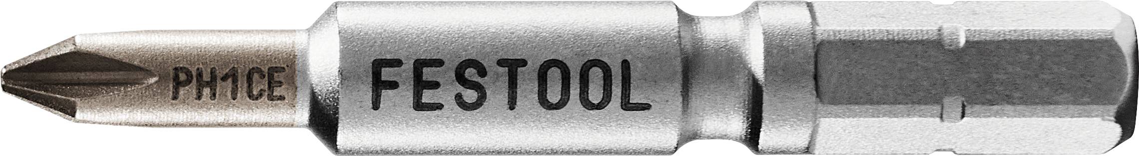 Eine Nahaufnahme eines Festool PH1/CE Schraubendreher-Bits, das eine Phillips-Kopfspitze und eine sechskant-Befestigung zum Anschluss an Bohrmaschinen-Antriebe zeigt.