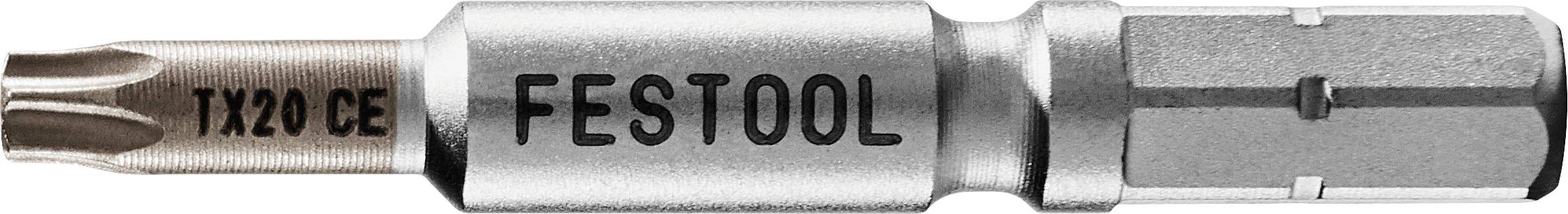 Eine Nahaufnahme eines Festool Torx Schrauberbits, Modell 'TX 20 CE', das seine Metallausführung und Textbranding zeigt.