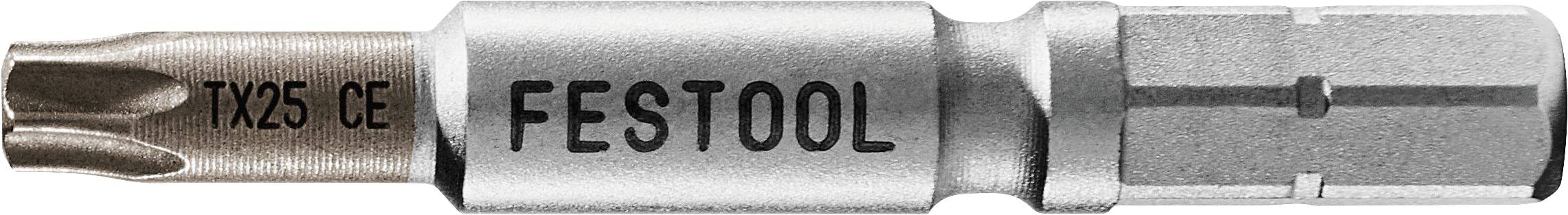 Ein Festool TX25 Schraubendreherbit mit metallischer Oberflächenfinish und sechseckiger Basis, in Nahaufnahme gezeigt.