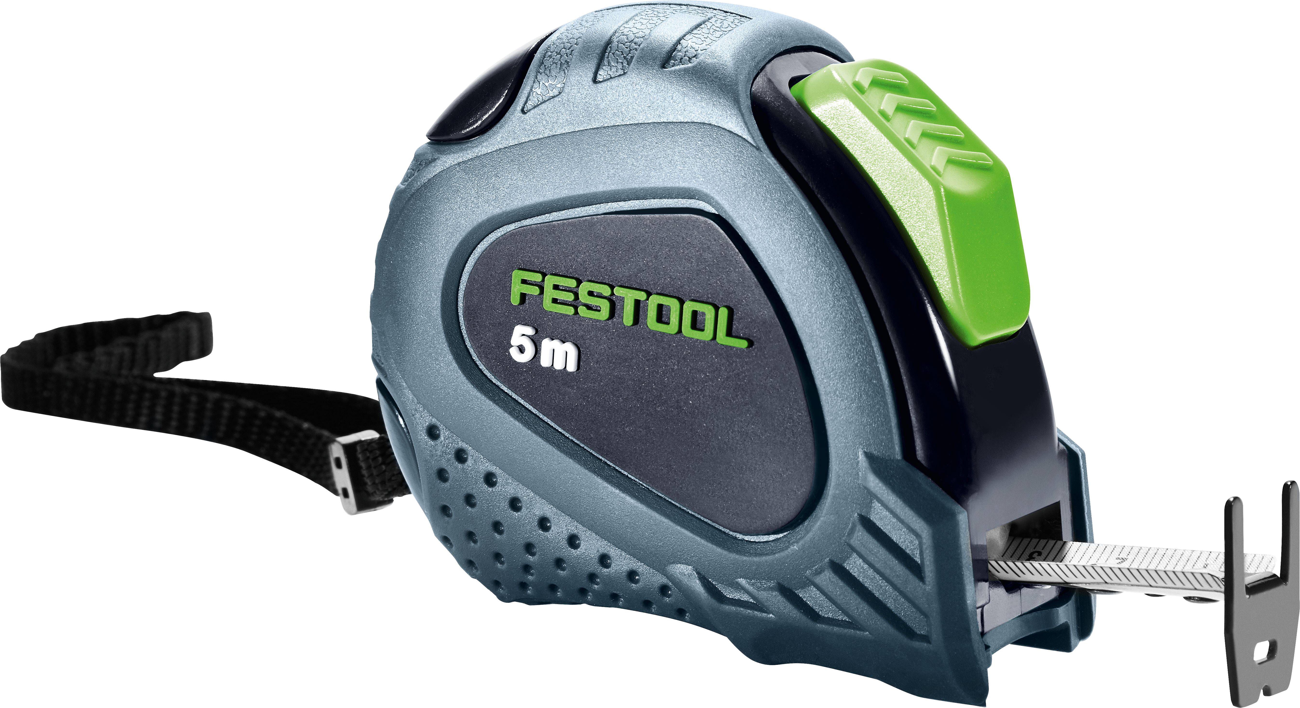 Ein Messstab mit blauem und grünem Gehäuse, gekennzeichnet mit „Festool 5m