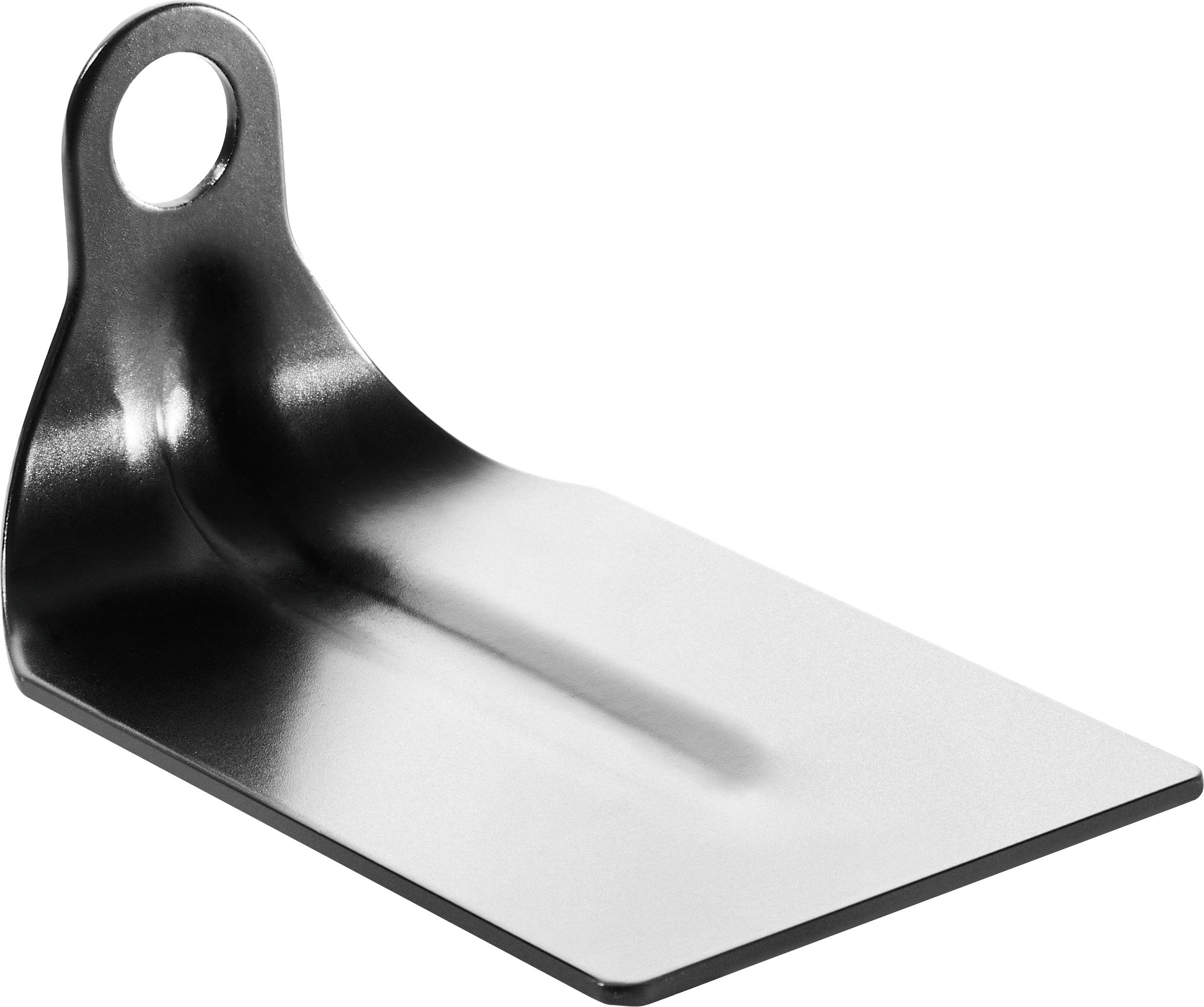 Ein metallisches L-förmiges Winkelblech mit einem einzelnen Loch oben, das zur Montage oder Unterstützung von Objekten verwendet wird, vor einem schlichten weißen Hintergrund abgebildet.