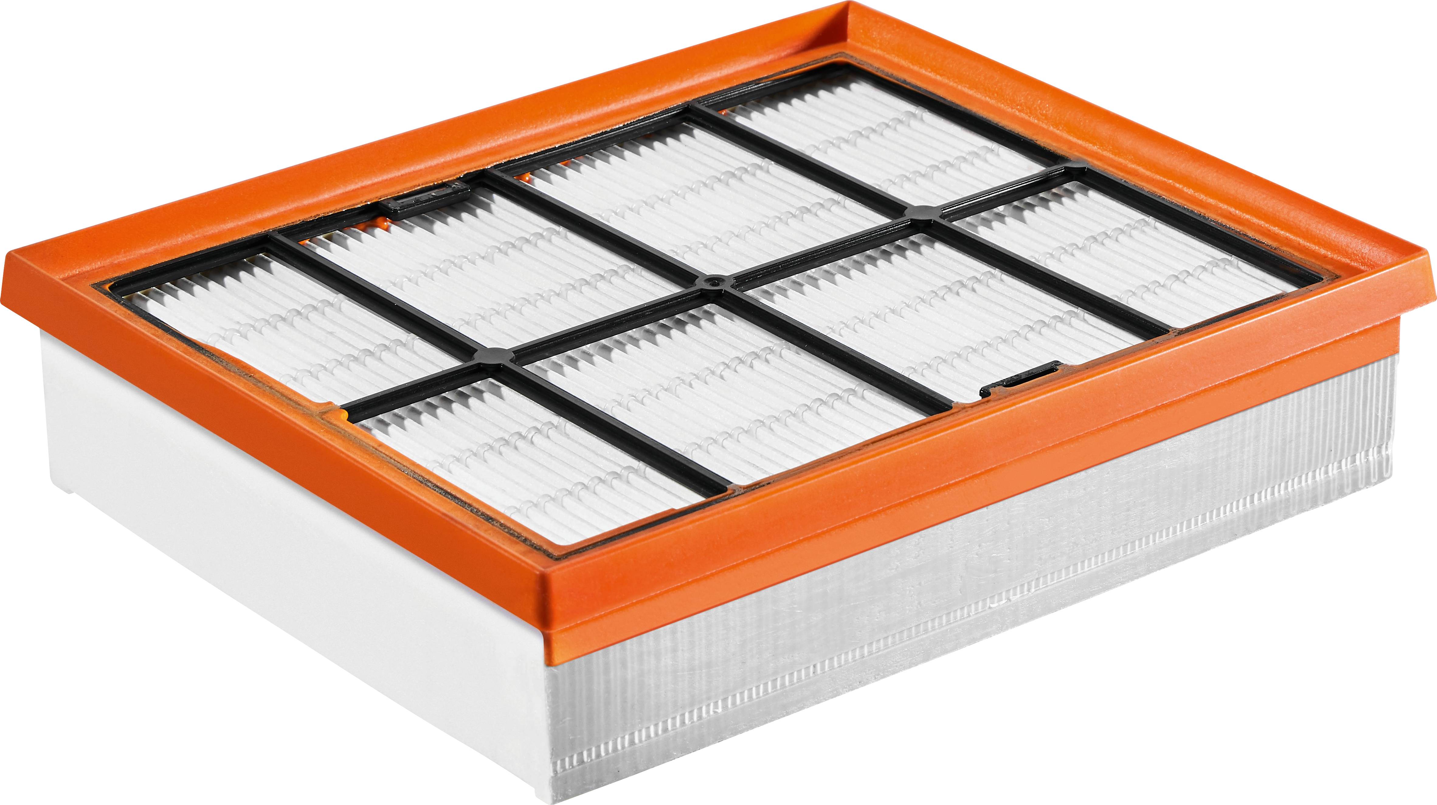 Ein Luftfilter mit einem orangefarbenen Rahmen und weißem Plissee-Papier, das zum Auffangen von Staub und Partikeln ausgelegt ist und häufig in Klimaanlagen verwendet wird.