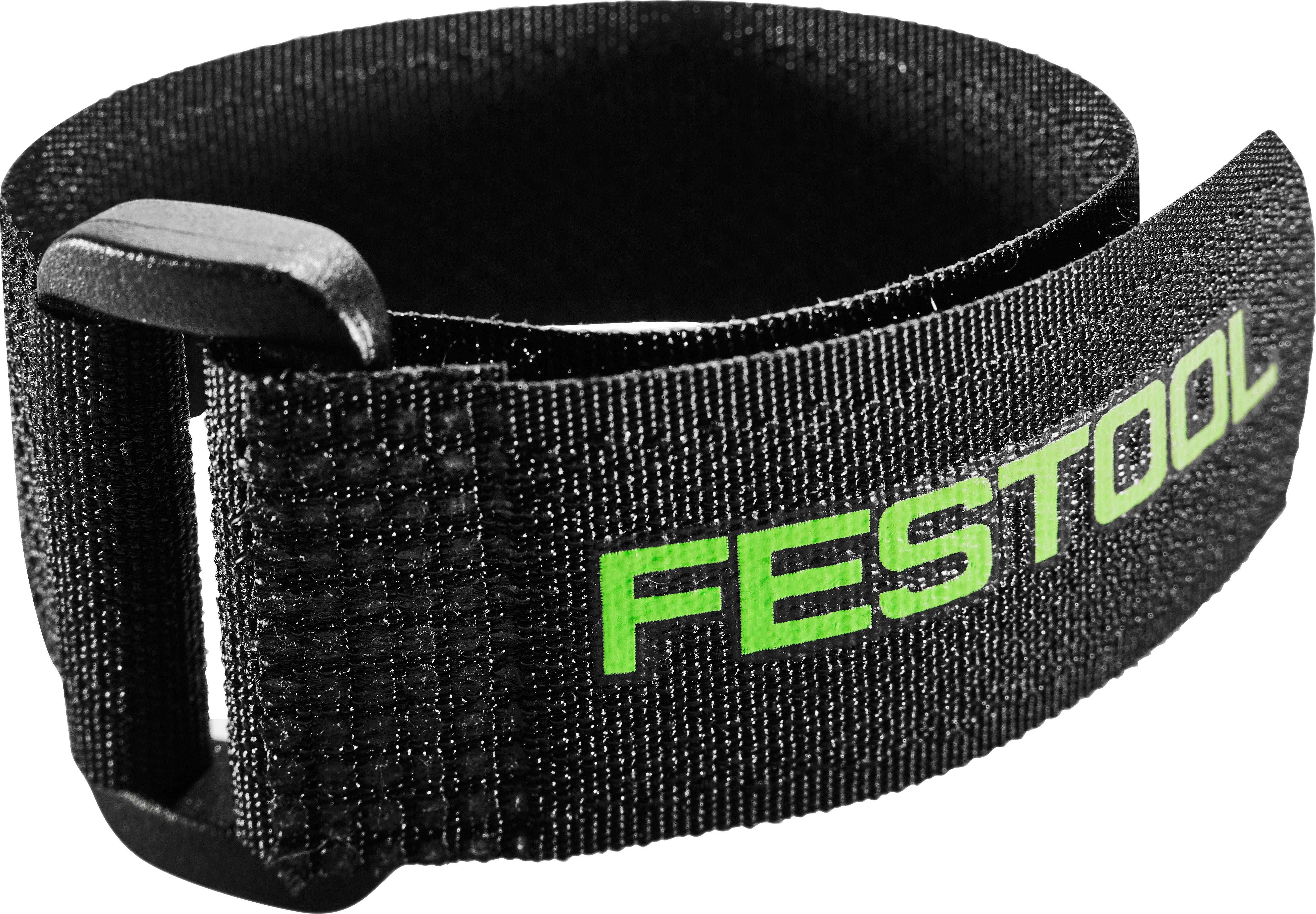 Ein schwarzes Festool-Armband mit einer Kunststoffschnalle, das den Namen der Marke in grünem Text trägt und zum Sichern oder Organisieren von Gegenständen verwendet wird.