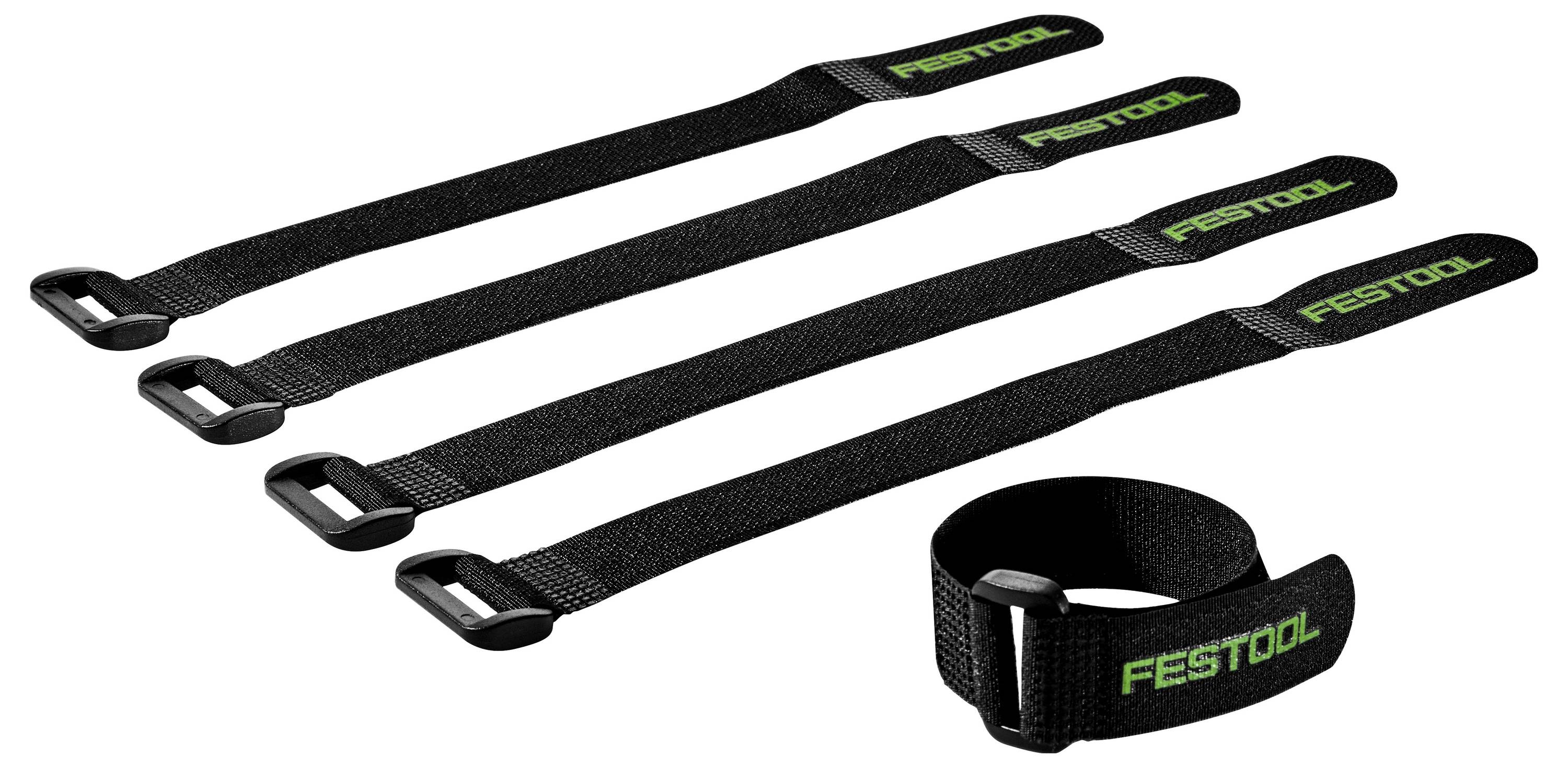 Vier schwarze Festool-Befestigungsgurte mit Schnallen und ein gebündelter Gurt, verwendet zum Sichern von Gegenständen, vor weißem Hintergrund dargestellt.