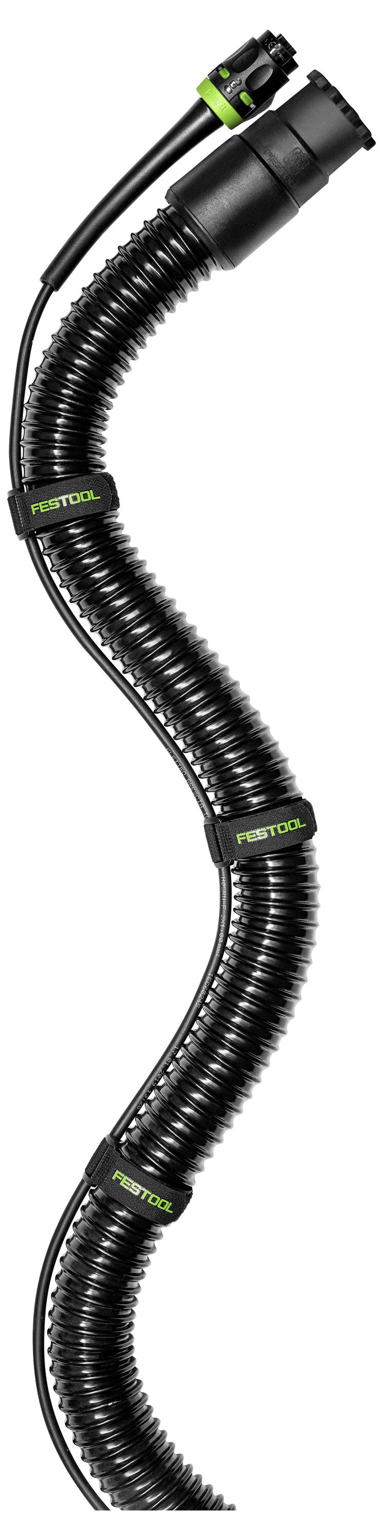 Ein flexibler schwarzer Vakuumschlauch mit grünen Akzenten und Anschlüssen, gekennzeichnet mit „FESTOOL