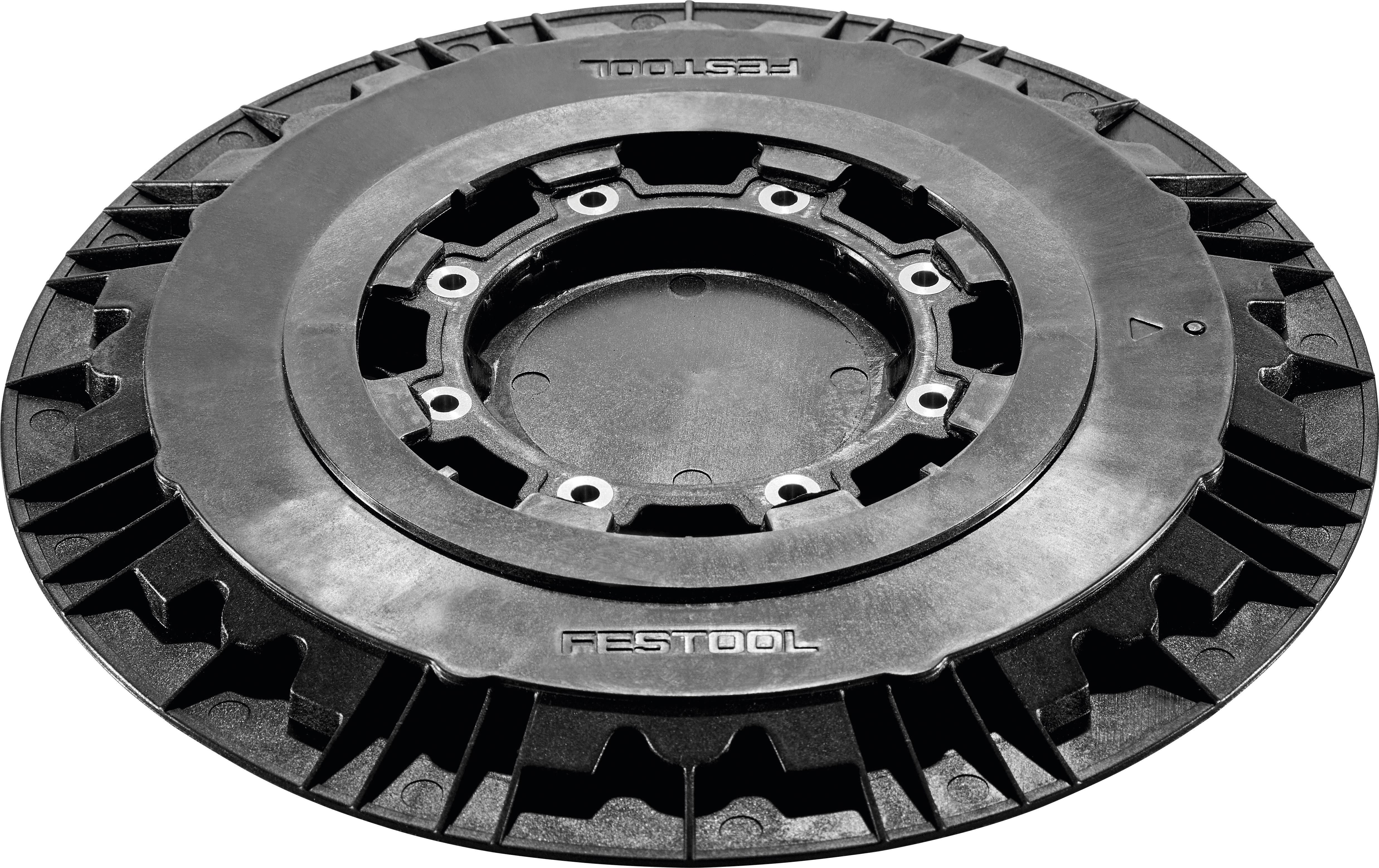 Schleifpad der Marke 'Festool' mit kreisförmigem Design und mehreren Befestigungspunkten, optimiert für die Verwendung mit professioneller Schleifausrüstung.