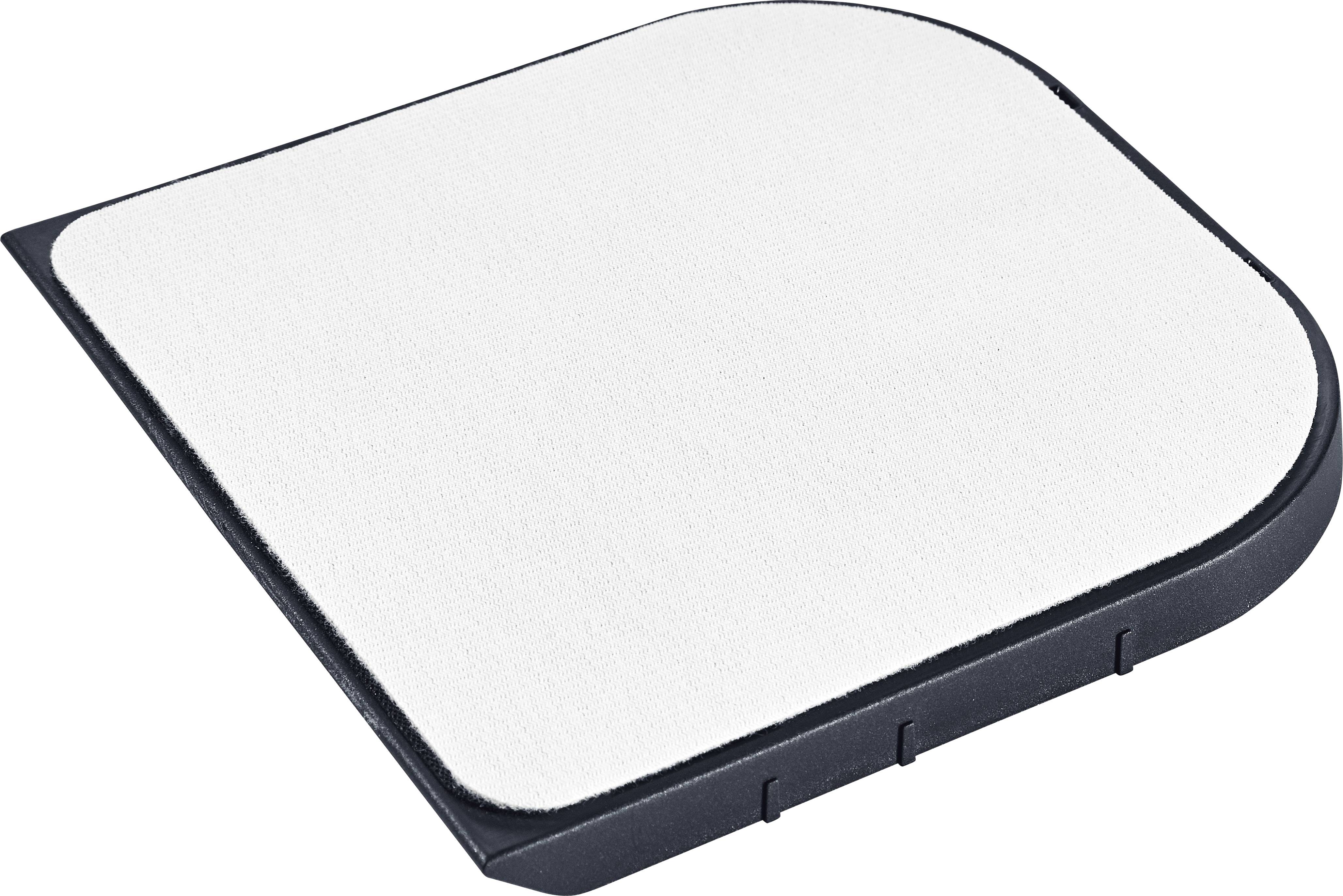 Ein quadratisches Mikrofaser-Reinigungstuch mit abgerundeten Ecken und schwarzem Rand, das zum Reinigen von Oberflächen oder Bildschirmen verwendet wird.