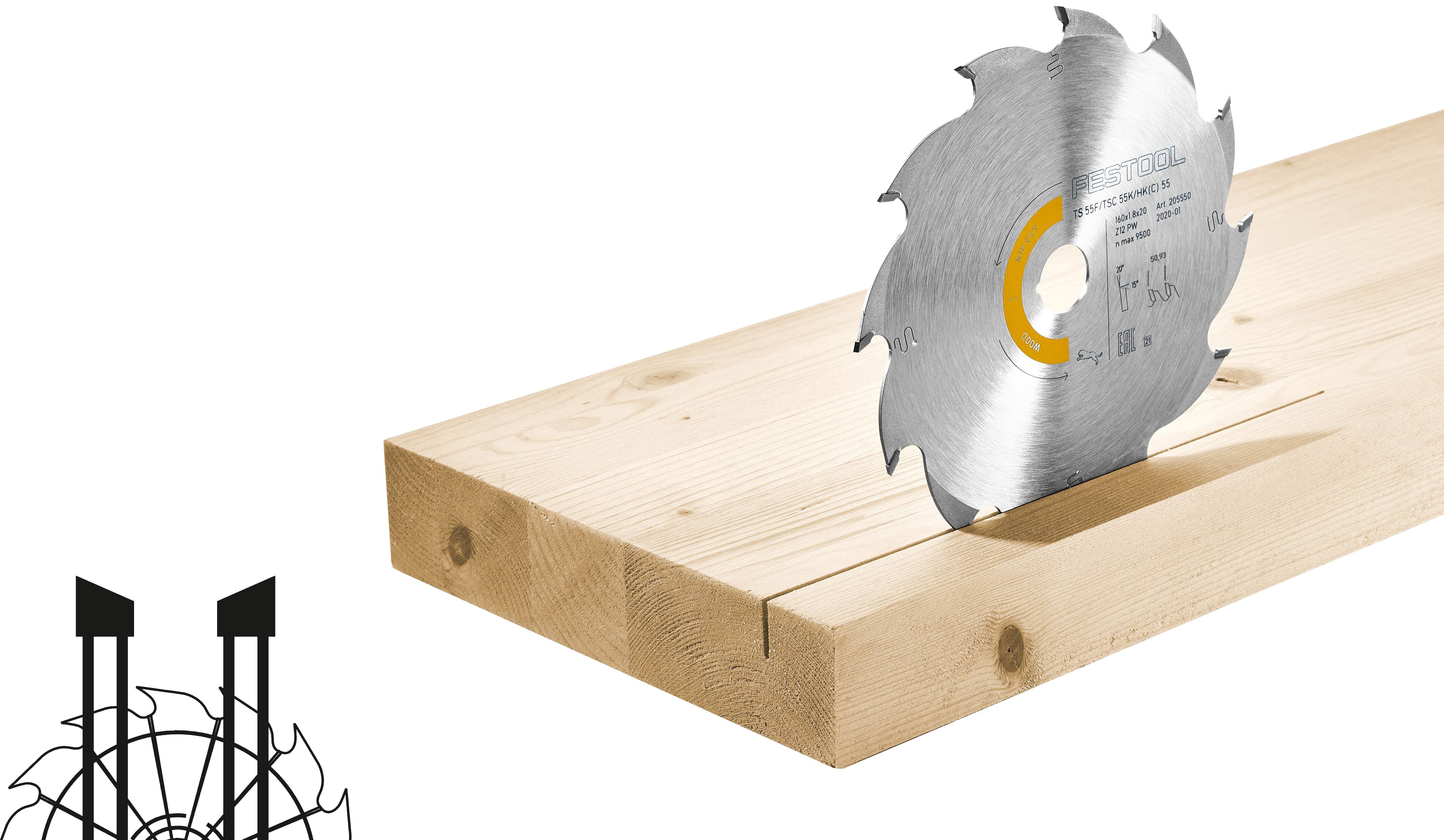 Ein Kreissägeblatt, das teilweise in einem Holzbrett eingegraben ist, begleitet von einer stilisierten Windmühlengrafikgraphy auf der Seite.