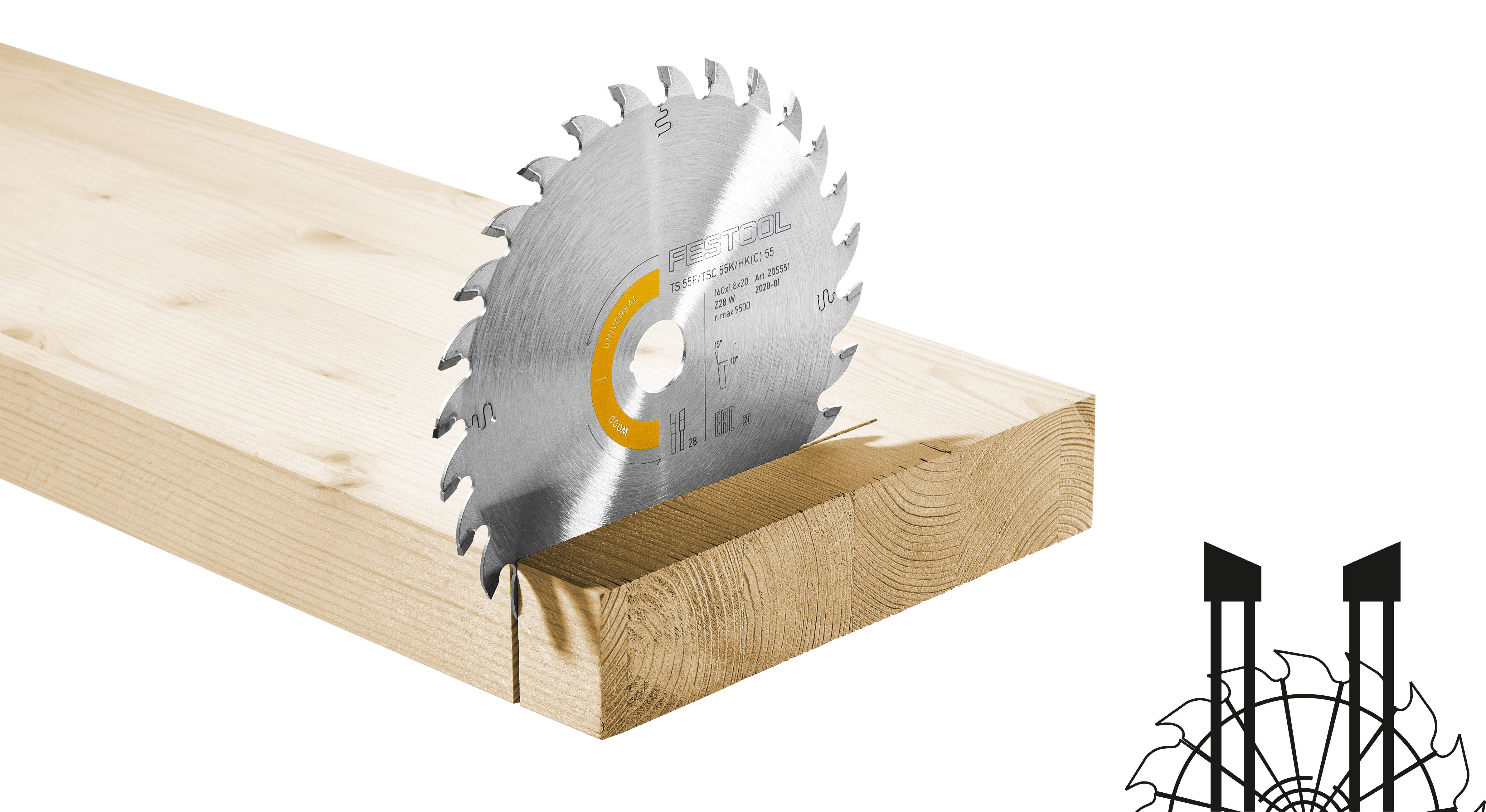 Ein Kreissägeblatt, das teilweise in einem Holzbrett eingebettet ist, mit einem abstrakten zahnradähnlichen Symbol in der Ecke.