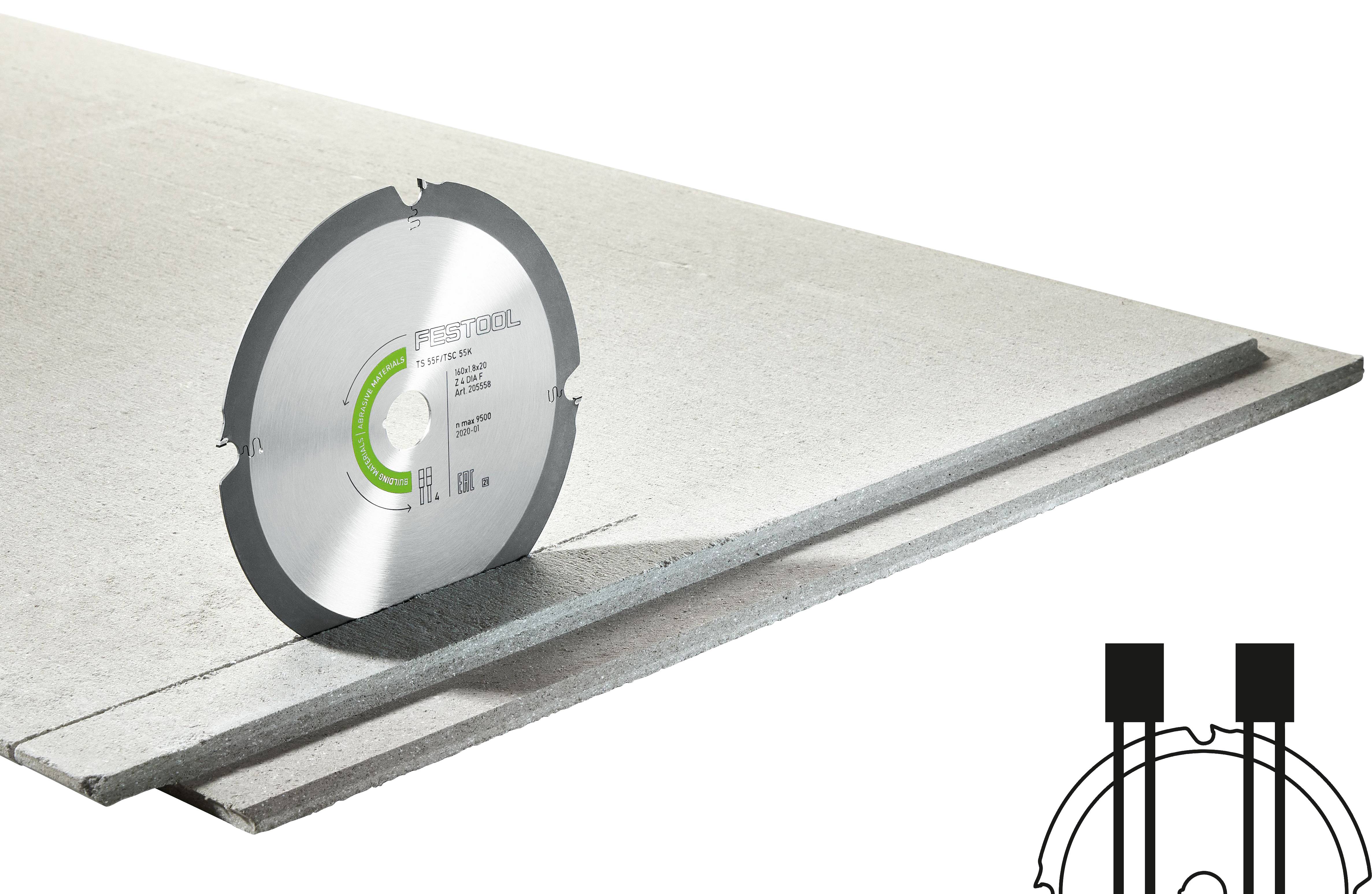 Ein Kreissägeblatt liegt auf einer kantig geschnittenen Faserzementplatte auf, wobei ein vergrößertes Detail des Zahnprofils des Blattes in einem Diagramm dargestellt ist.