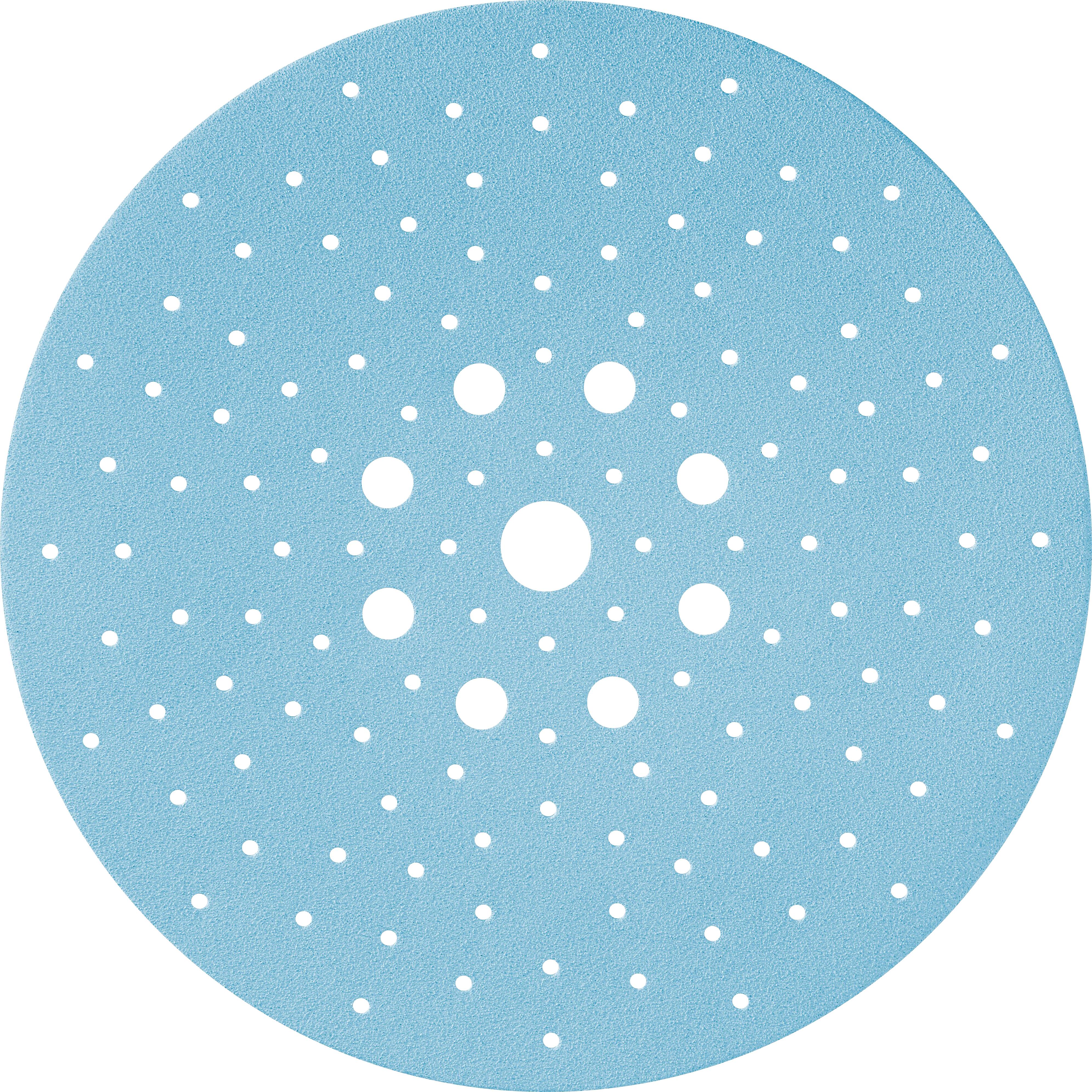 Eine kreisförmige blaue Schleifpapierplatte mit mehreren Löchern in unterschiedlichen Größen, die zum Polieren oder Schleifen von Oberflächen verwendet wird, vor weißem Hintergrund.