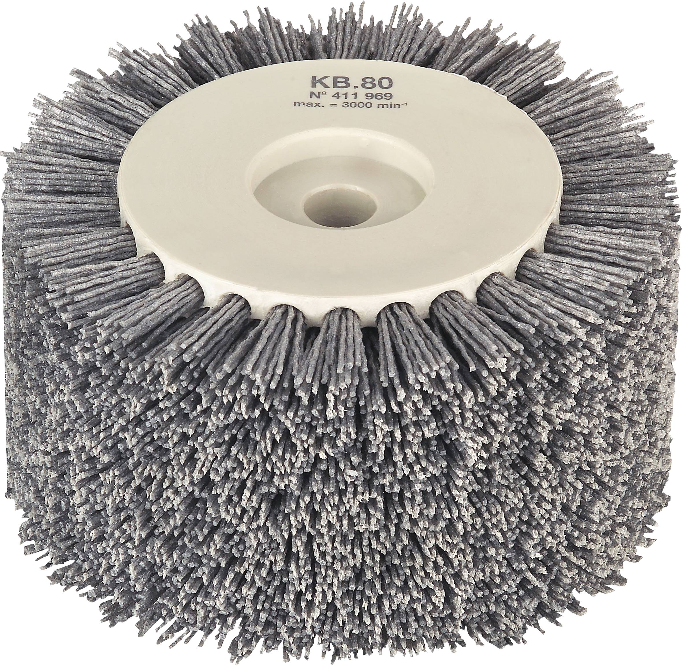 Eine runde Schleifbürste mit dichten grauen Borsten und weißer Mitte, gekennzeichnet mit „KB.80
