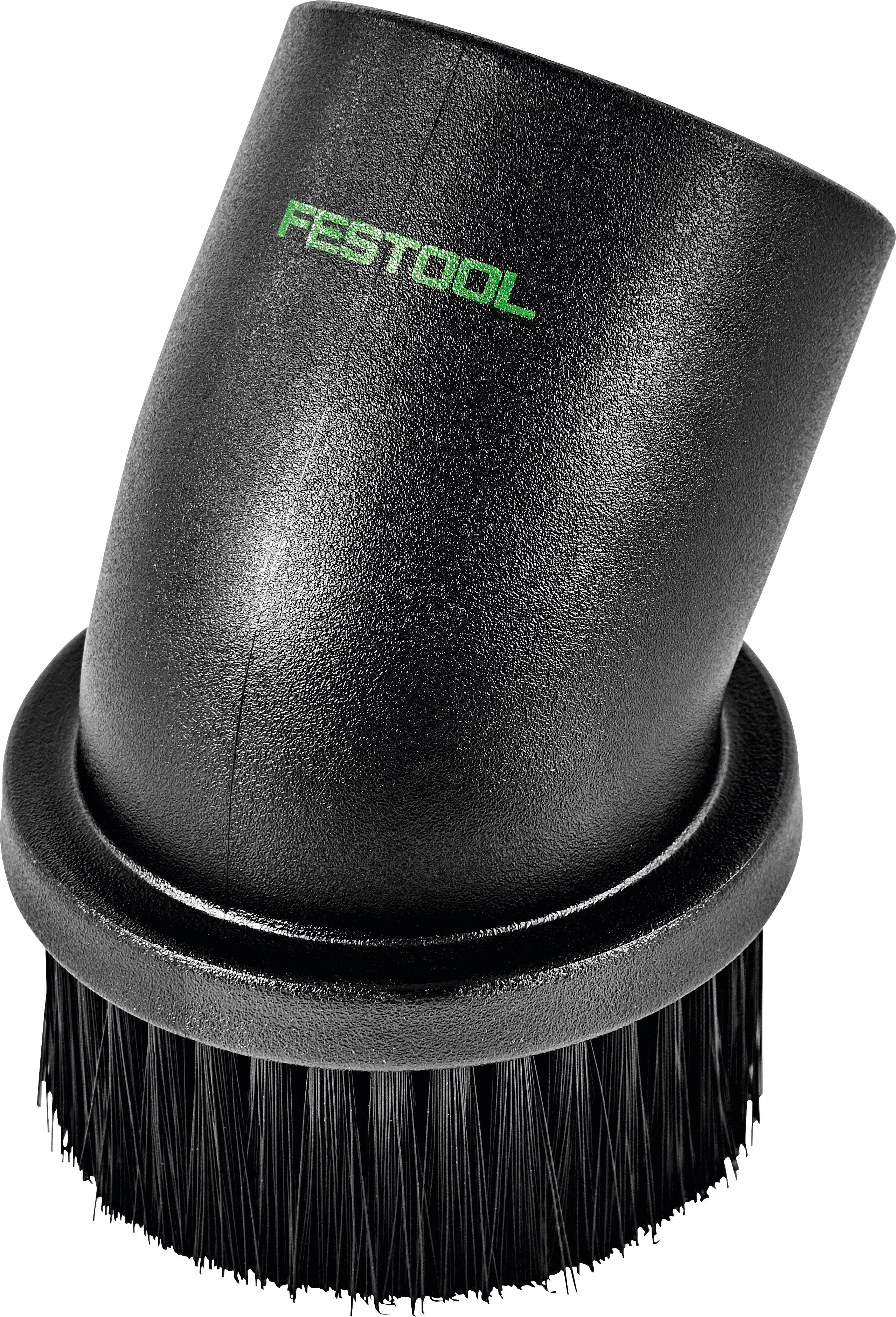 Eine schwarze Festool-Staubpinsel mit weichen Borsten, entwickelt zum Reinigen empfindlicher Oberflächen, mit dem grünen Festool-Logo.