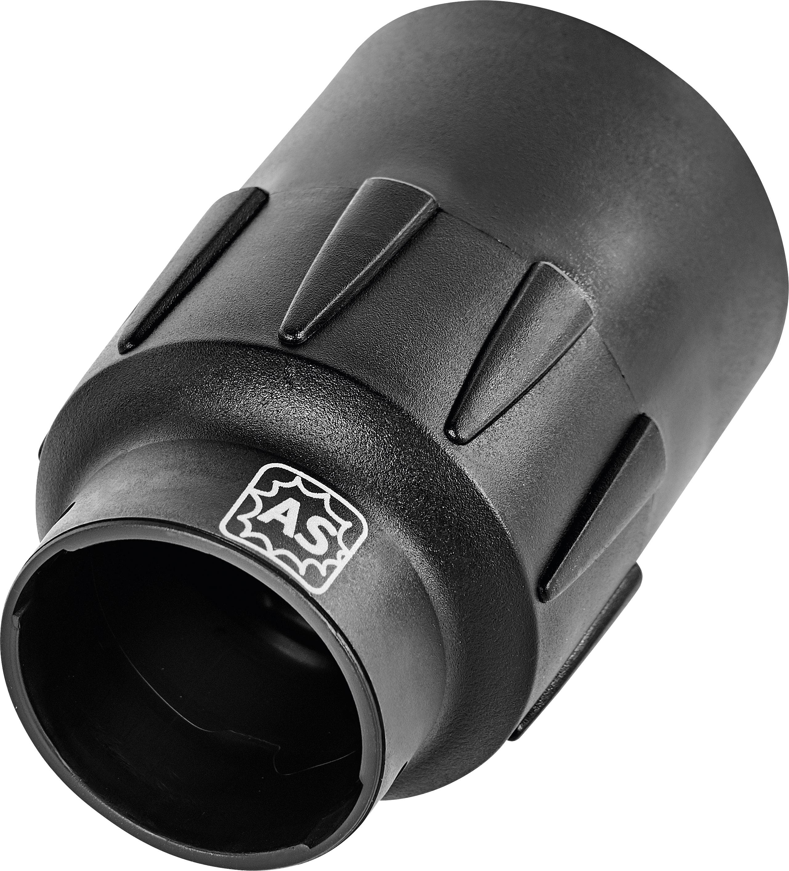Eine schwarze zylindrische Kunststoffkappe mit strukturierten Griffflächen und einem Logo mit den weißen Buchstaben 'AS' in einem quadratischen Feld mit wellenförmigen Kanten.