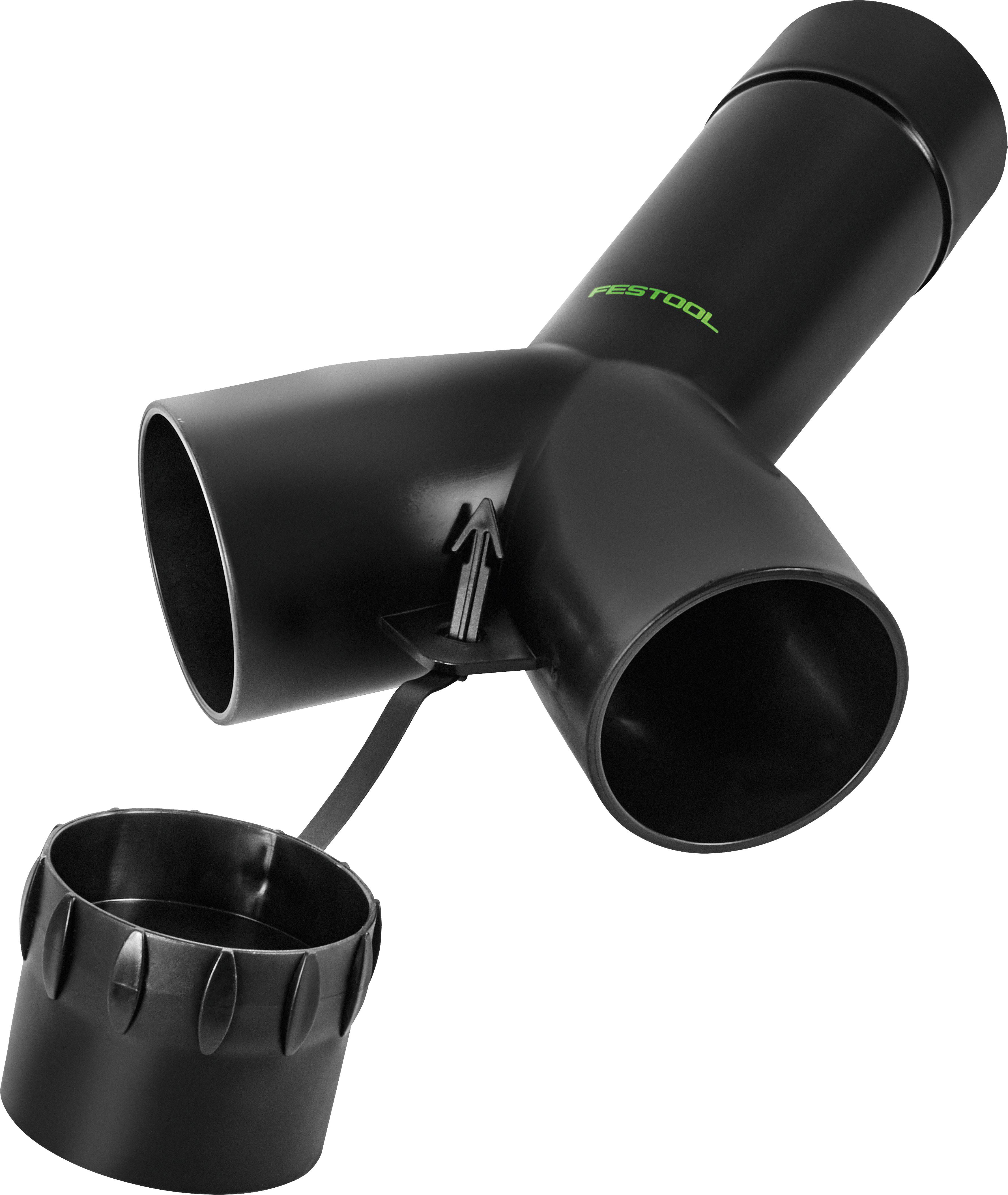 Ein schwarzer Y-förmiger Festool-Werkzeugadapter mit drei Öffnungen zum Verbinden von Schläuchen oder Anbauteilen, gezeigt mit abnehmbarer Kappe.