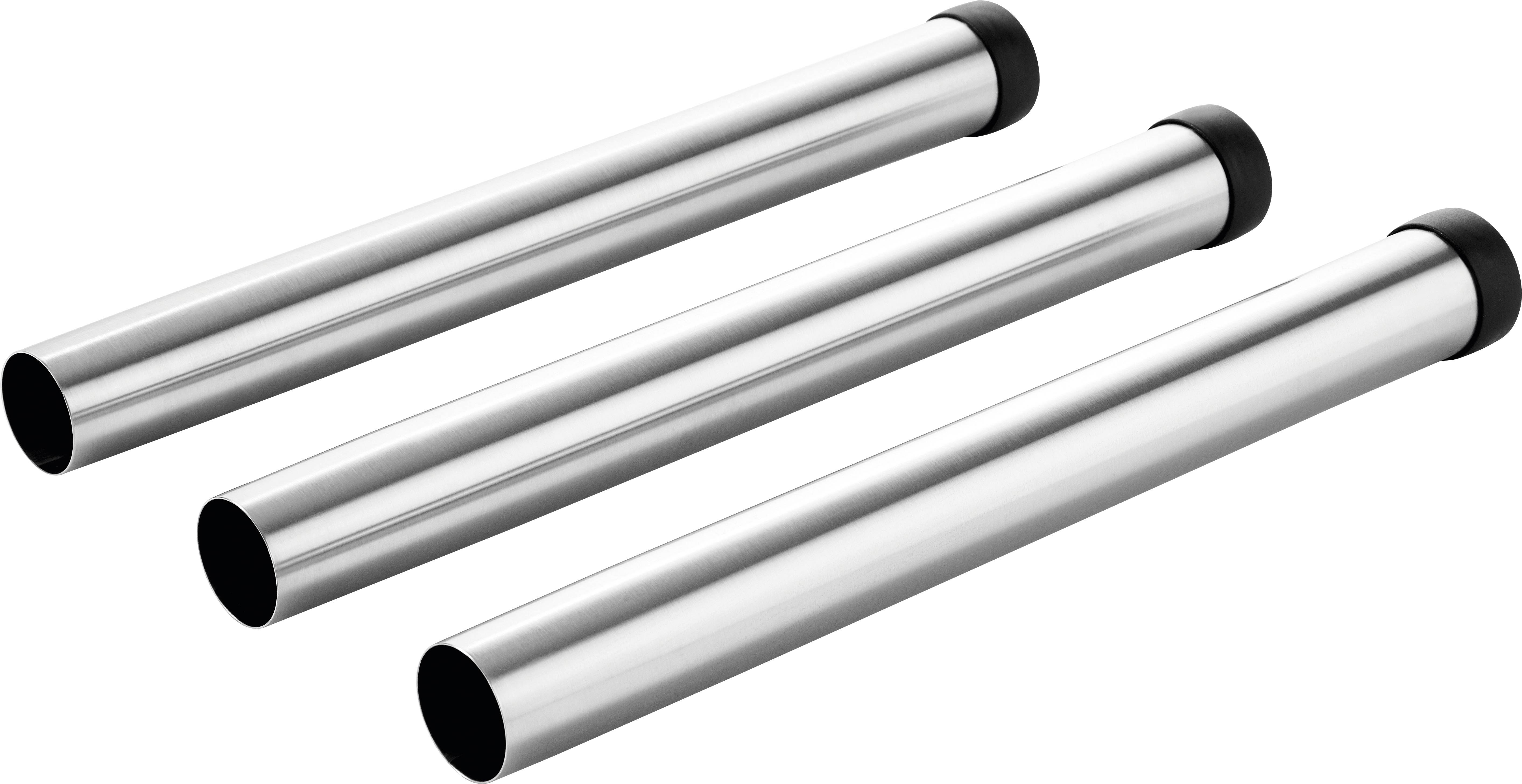 Drei Edelstahlmetallstäbe mit schwarzen Kappen an einem Ende, parallel zueinander auf weißem Hintergrund positioniert.