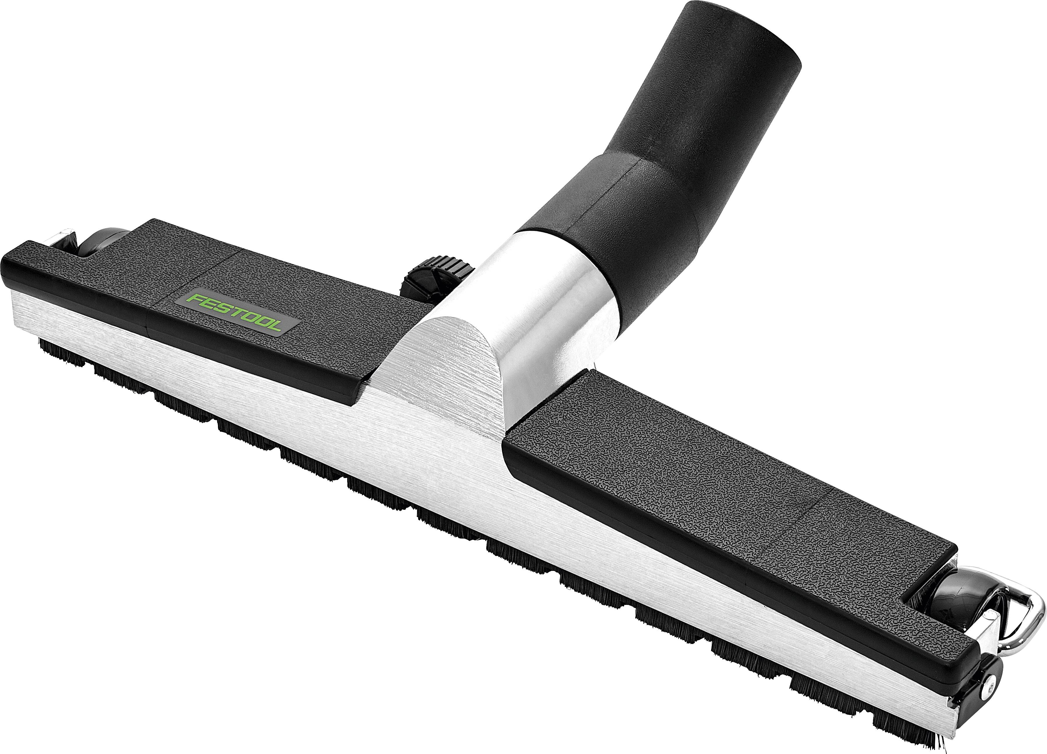 Eine schwarze und silberfarbene Festool-Bodendüse für Staubsauger mit Bürste, entwickelt zum effizienten Reinigen verschiedener Bodenoberflächen.