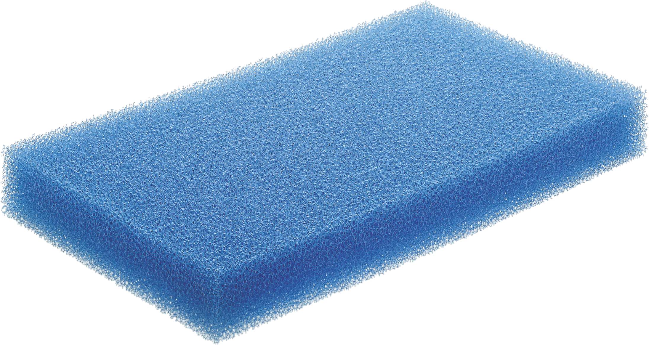 Ein rechteckiger blauer Schaumstoff-Schwamm mit einer porösen Textur, dargestellt vor weißem Hintergrund.