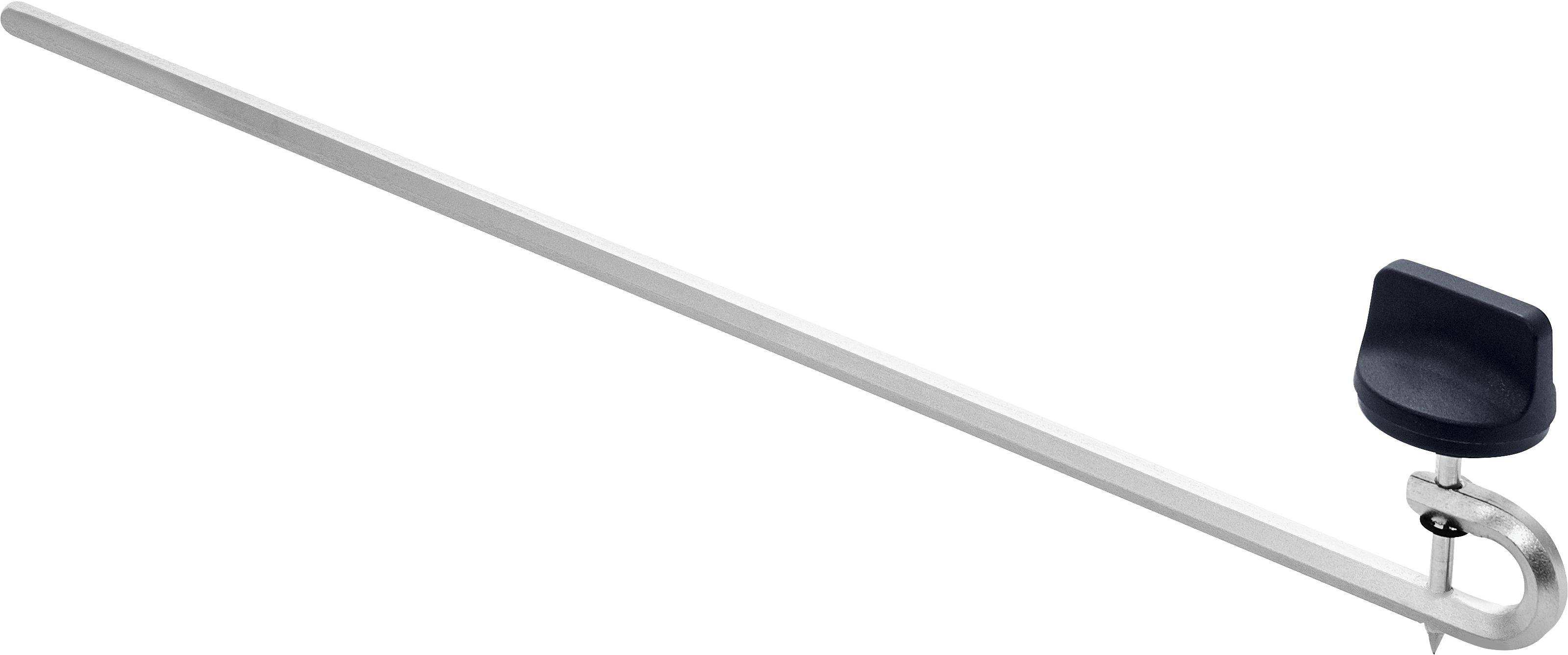 Eine lange Metallstange mit einem angebrachten schwarzen Sitz, auf einer Klemme positioniert, die ein Werkzeug oder Apparat anzeigt, möglicherweise für Unterstützung oder Verstellung.